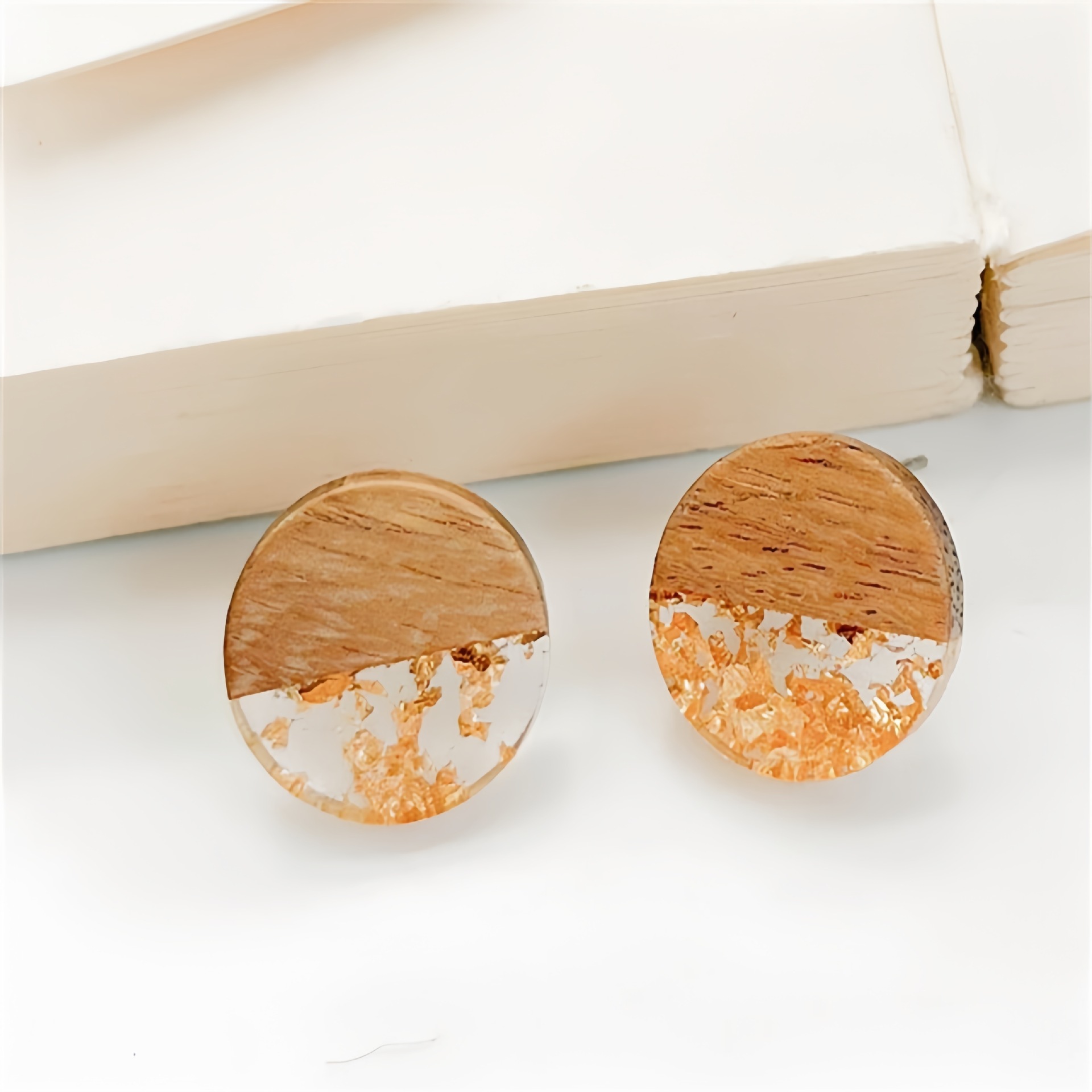 1 Pair Round Gold Foil Resin Wood Splice Earrings Boho Disc Earrings Women's Jewelry 2