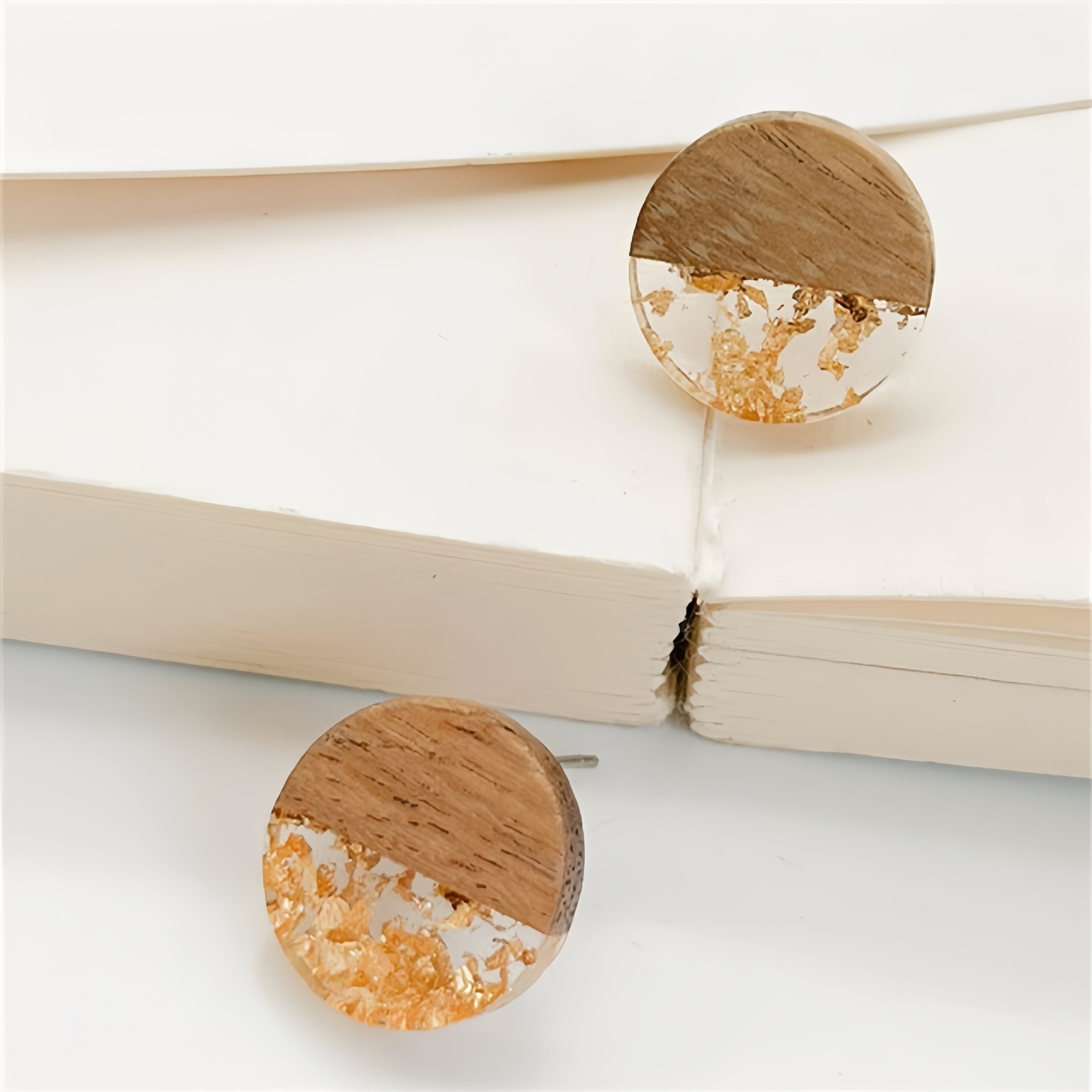 1 Pair Round Gold Foil Resin Wood Splice Earrings Boho Disc Earrings Women's Jewelry 6
