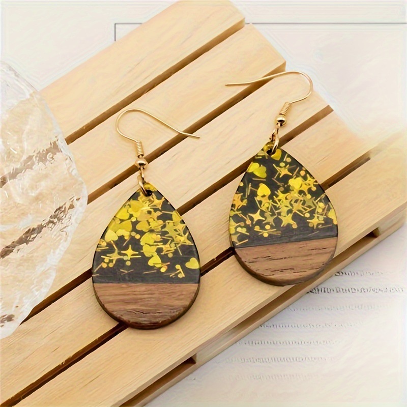 1 Pair Gold Star Heart Glitter Drop Resin Wood Dangle Earrings Bohemian Party Style Women's Accessories 2
