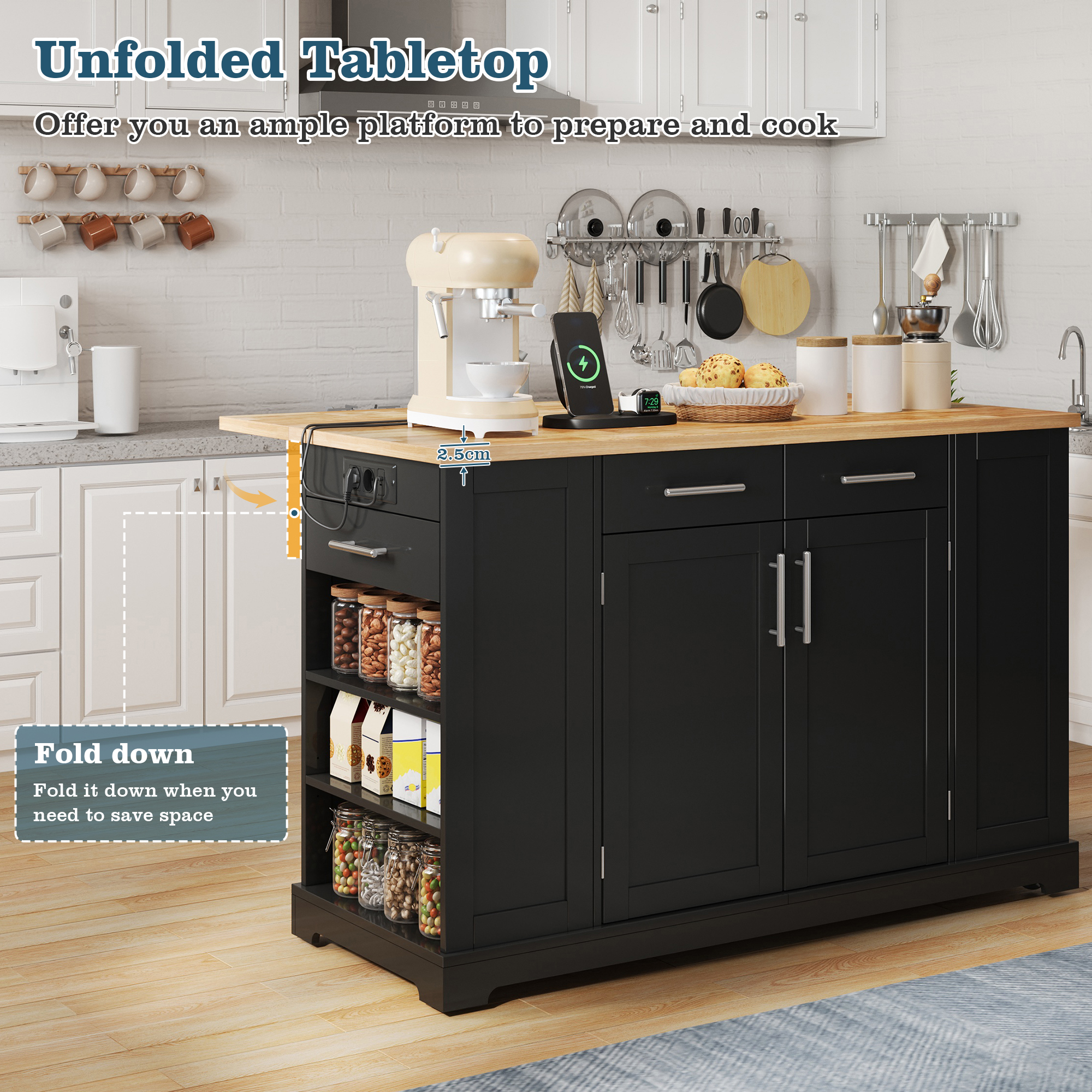 138 Cm Large Kitchen Island On Wheels, Cabinet With Folding Worktop, Stationary — image 2