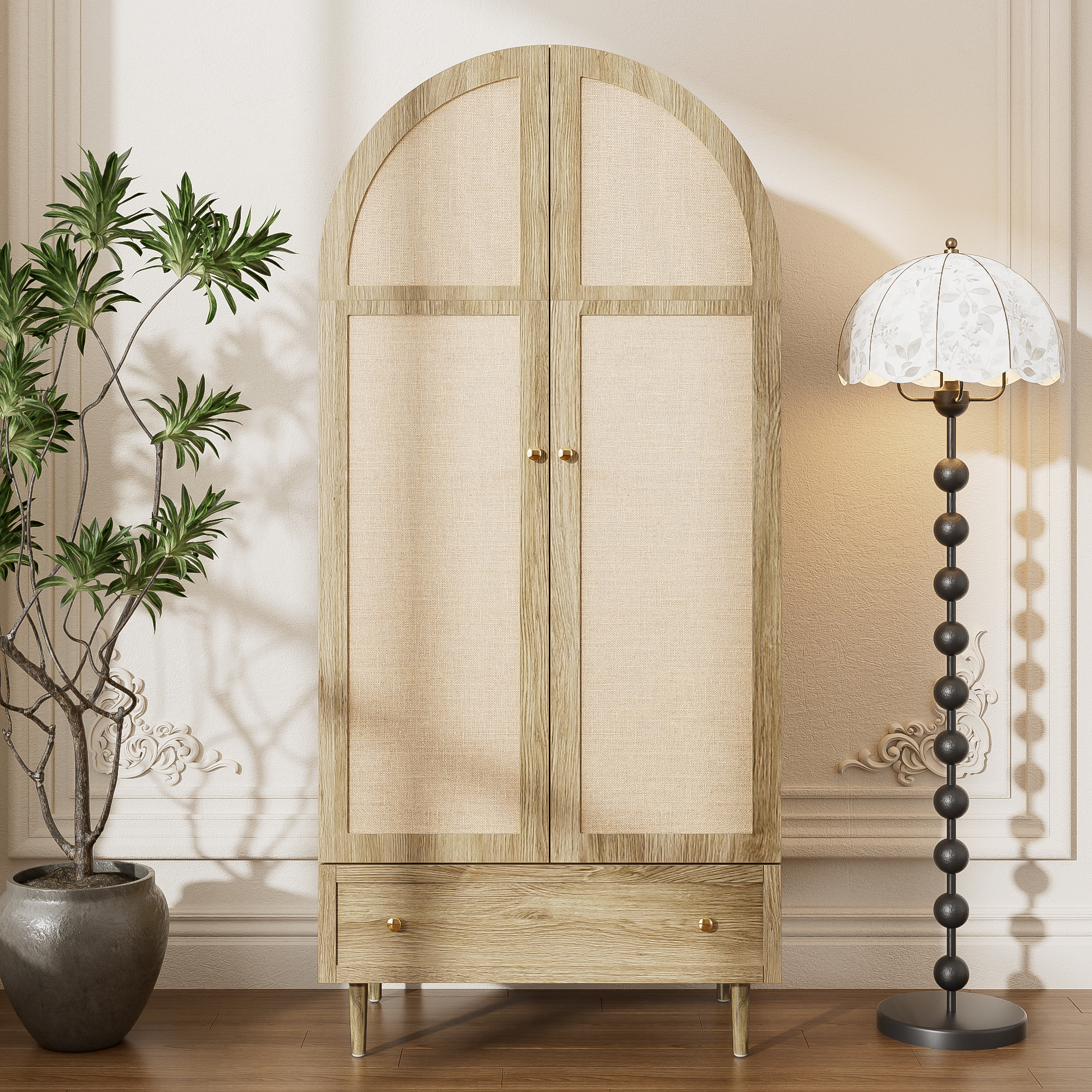 Elegant Wardrobe With Fabric Doors & Drawer, Clothes Cabinet Wood Look, Sturdy — image 5