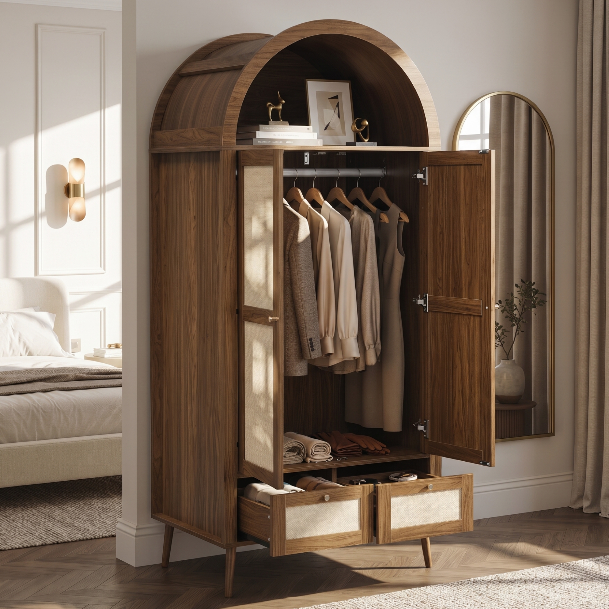 Arched Wardrobe With 2 Doors & 2 Drawers, 180cm Tall Beige Rattan-Effect Double