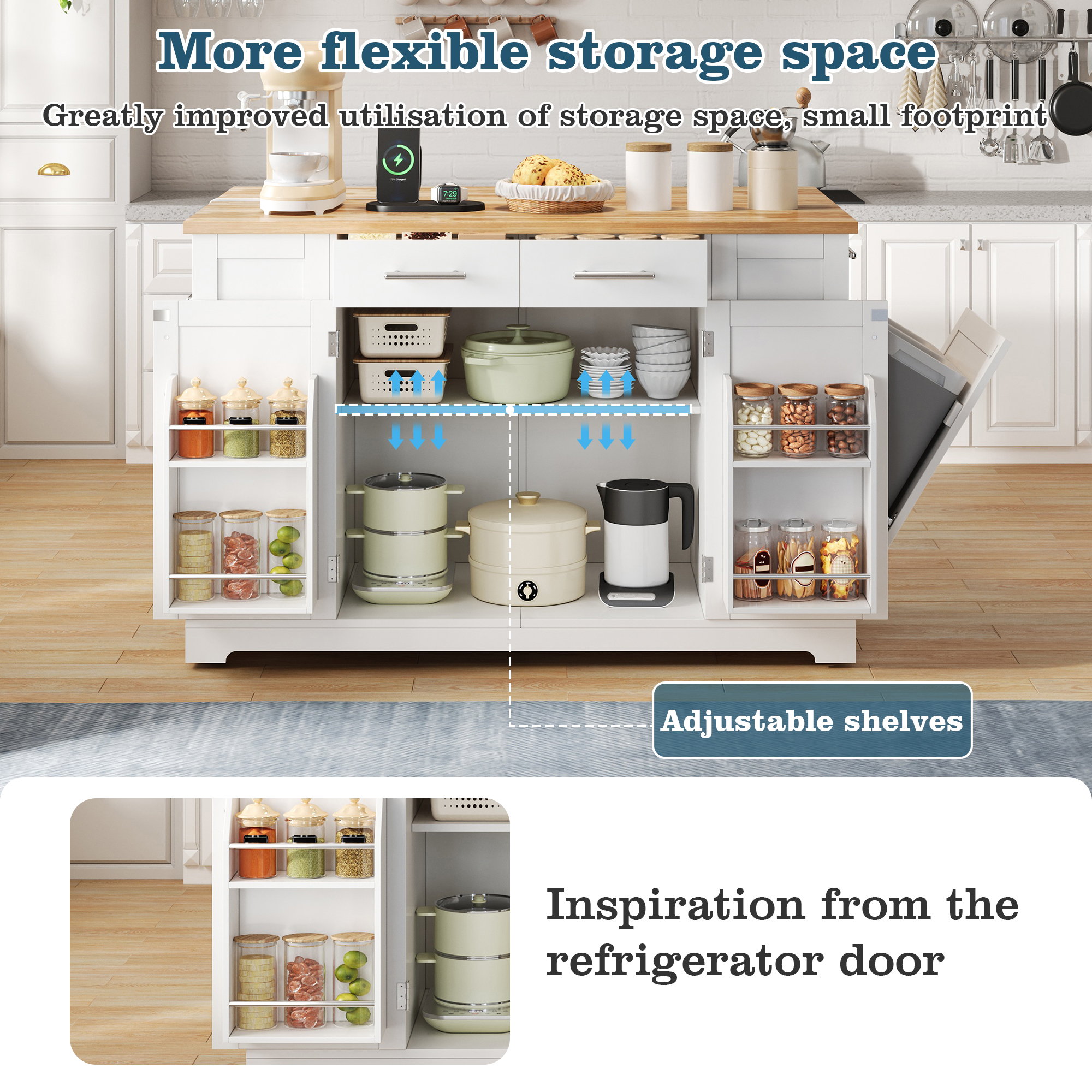 138 Cm Large Kitchen Island On Wheels, Cabinet With Folding Worktop, Stationary — image 3