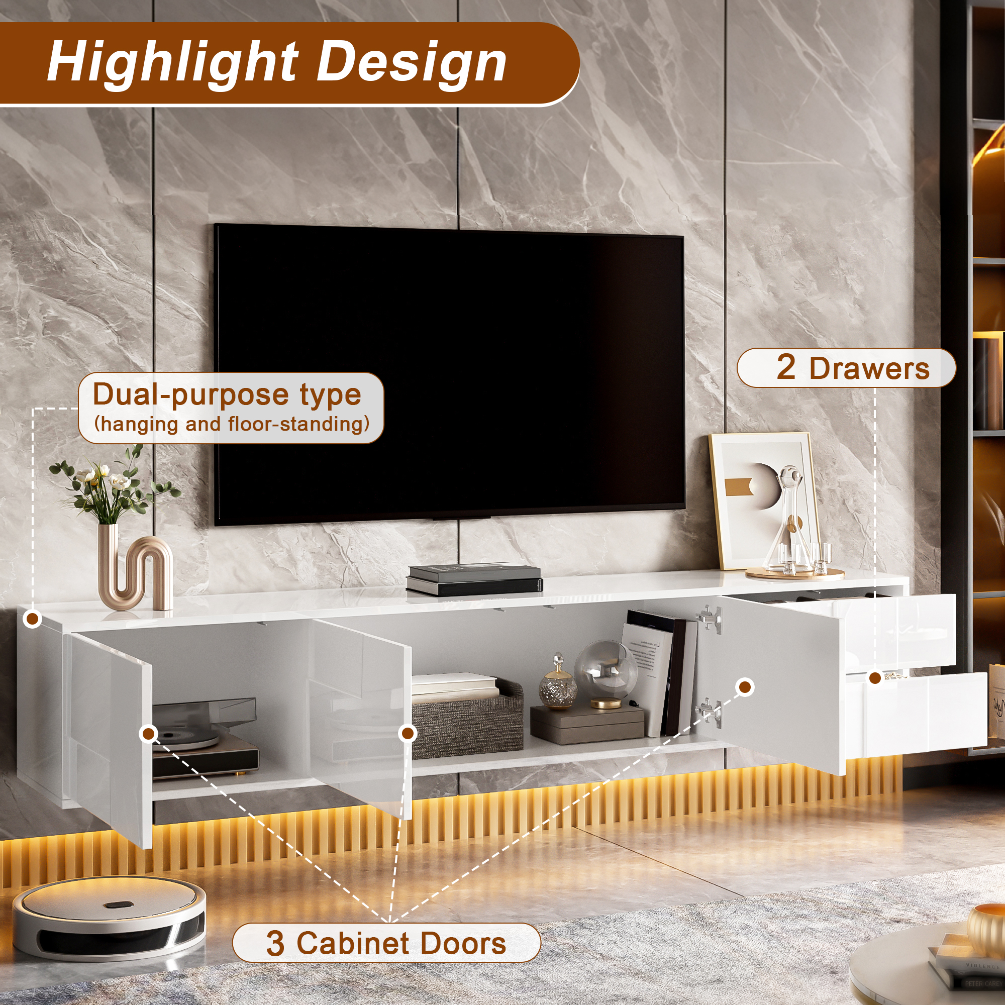 Modern White TV Lowboard 170 Cm, Wall-Mounted Or Freestanding, High-Gloss — image 4