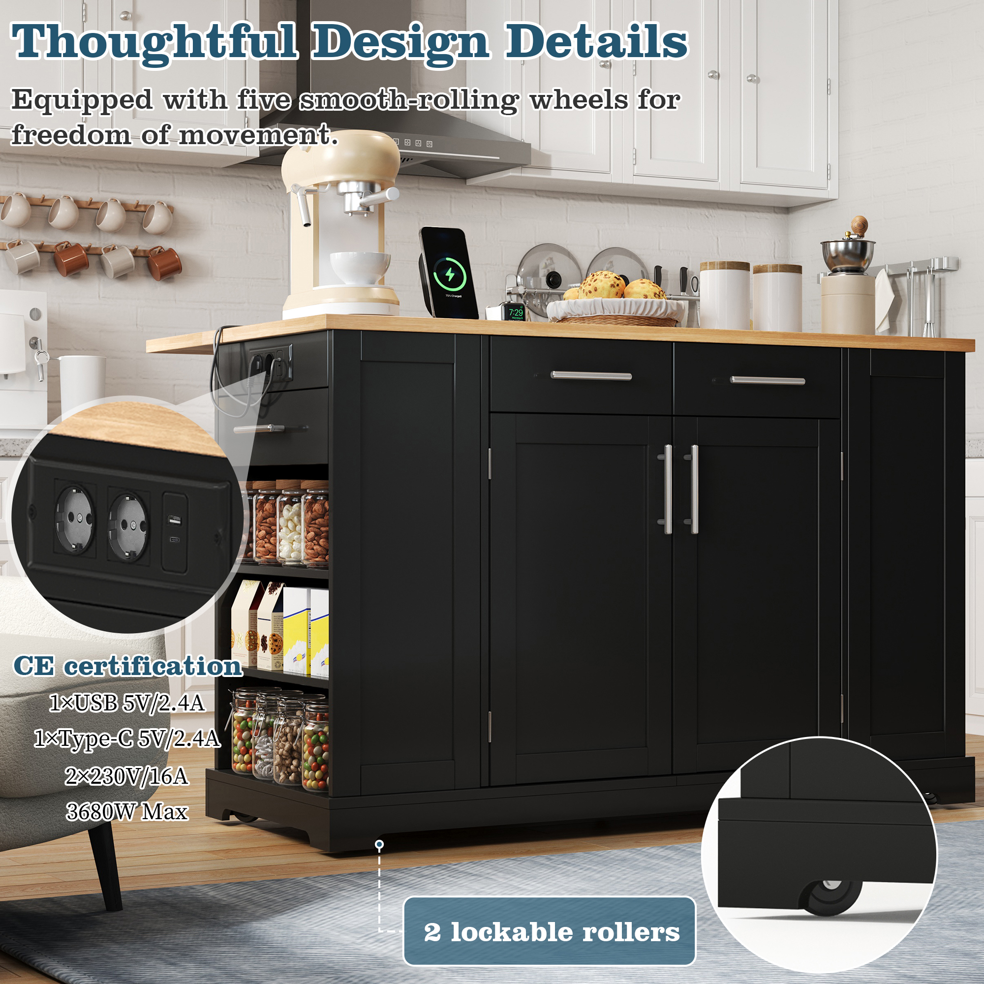 138 Cm Large Kitchen Island On Wheels, Cabinet With Folding Worktop, Stationary — image 5