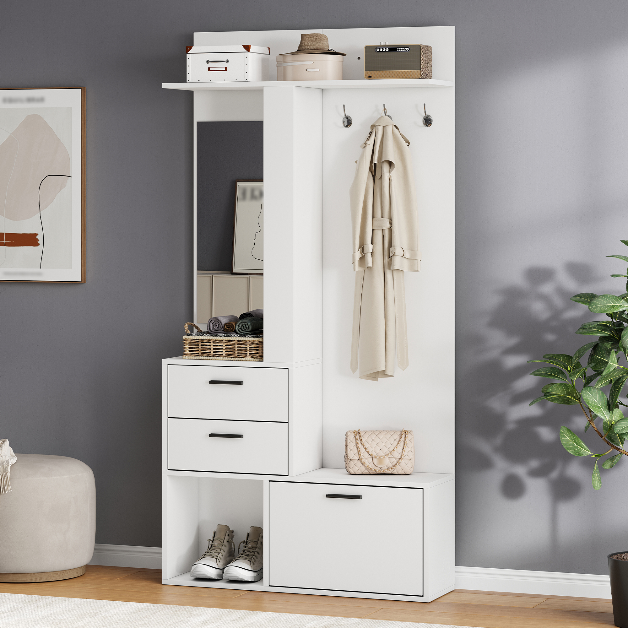 Modern White Hallway Furniture Set, 90x30x180cm Hall Tree Entryway Coat Rack — image 2