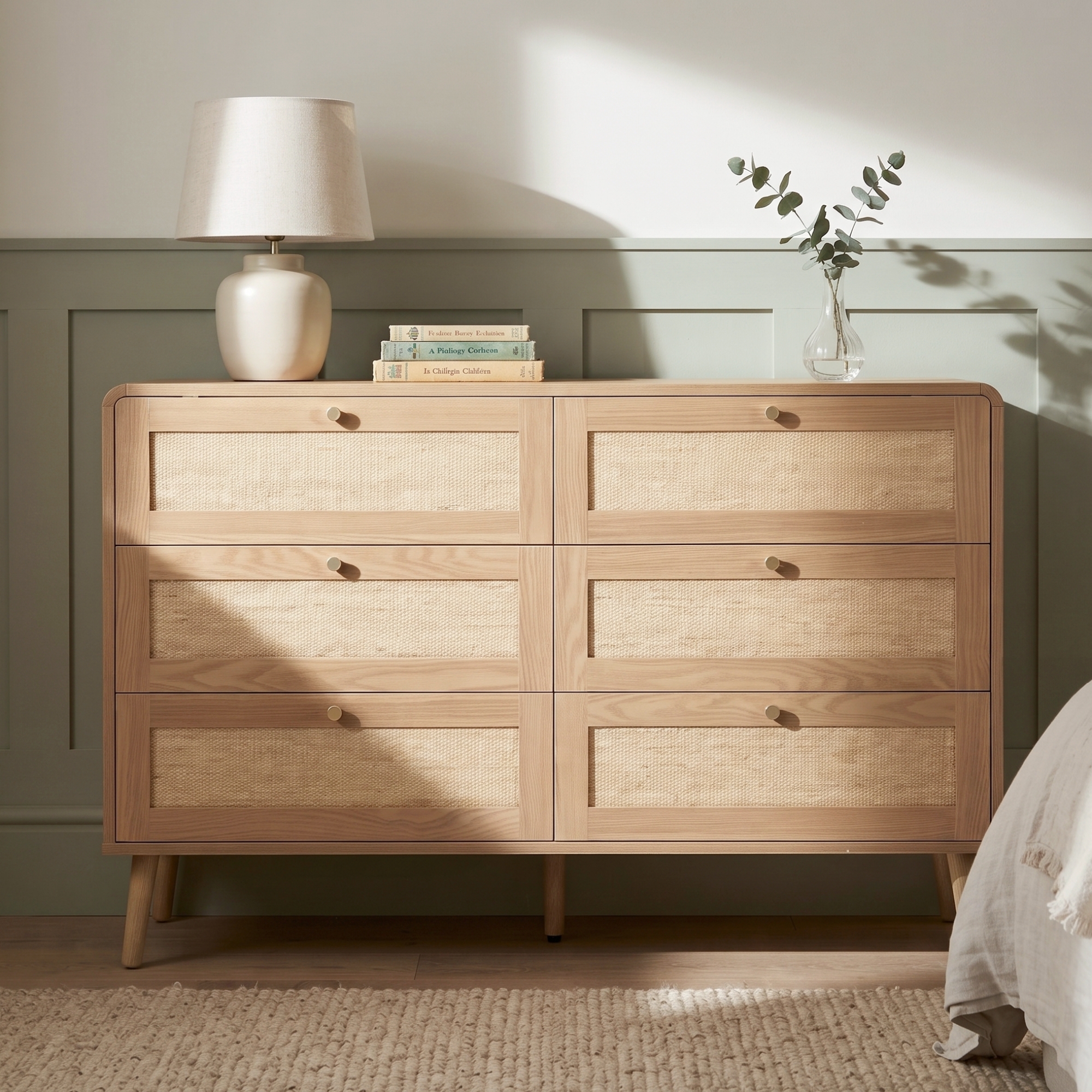 6 Drawer Chest Of Drawers, 120cm Wide Rattan-Effect Dresser With Natural Wood — image 5