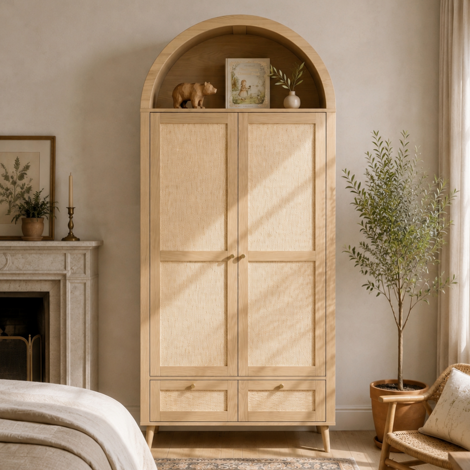 Arched Wardrobe With 2 Doors & 2 Drawers, 180cm Tall Rattan-Effect Double — image 4