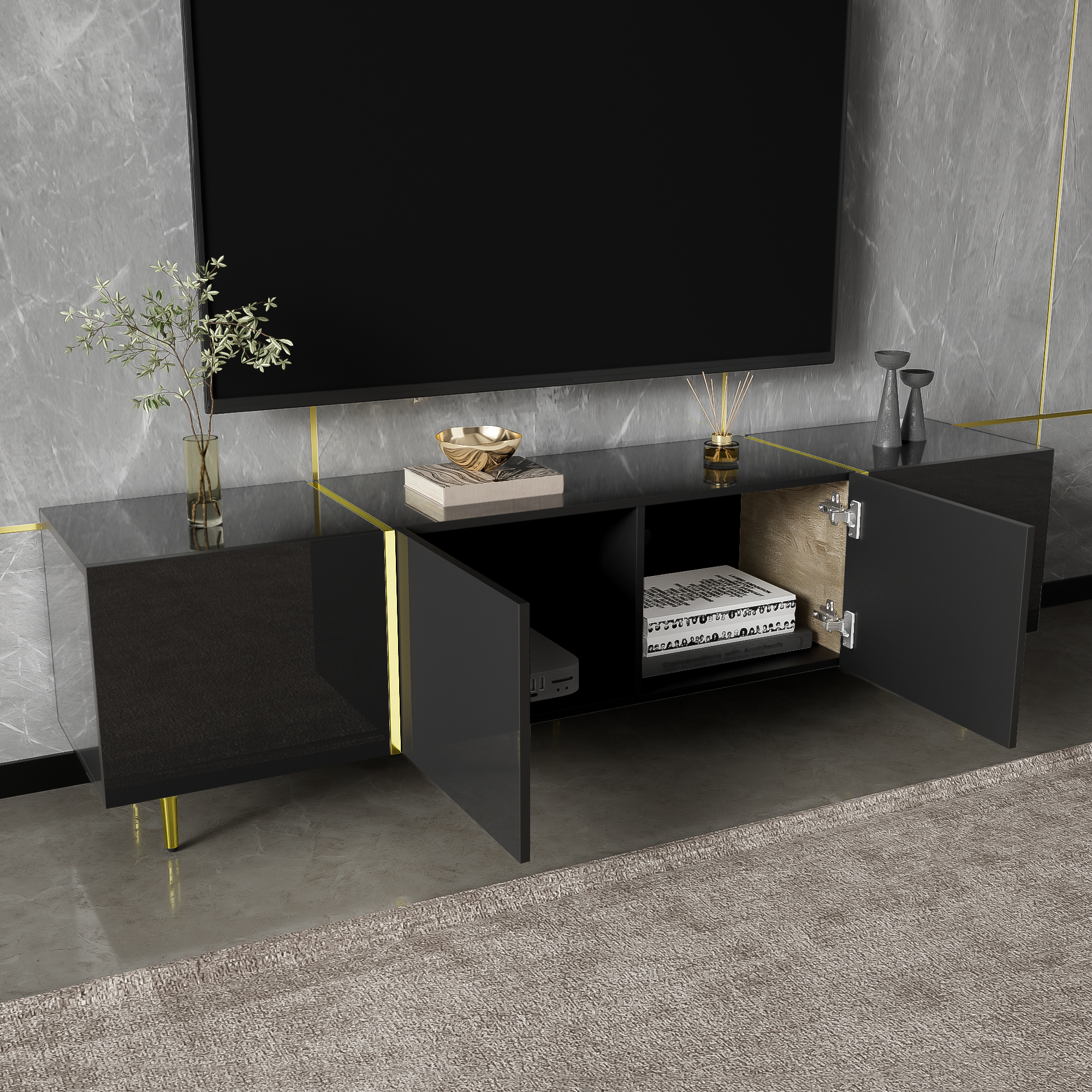 High-gloss TV Cabinet With Four Doors, Modern And Simple, In Black