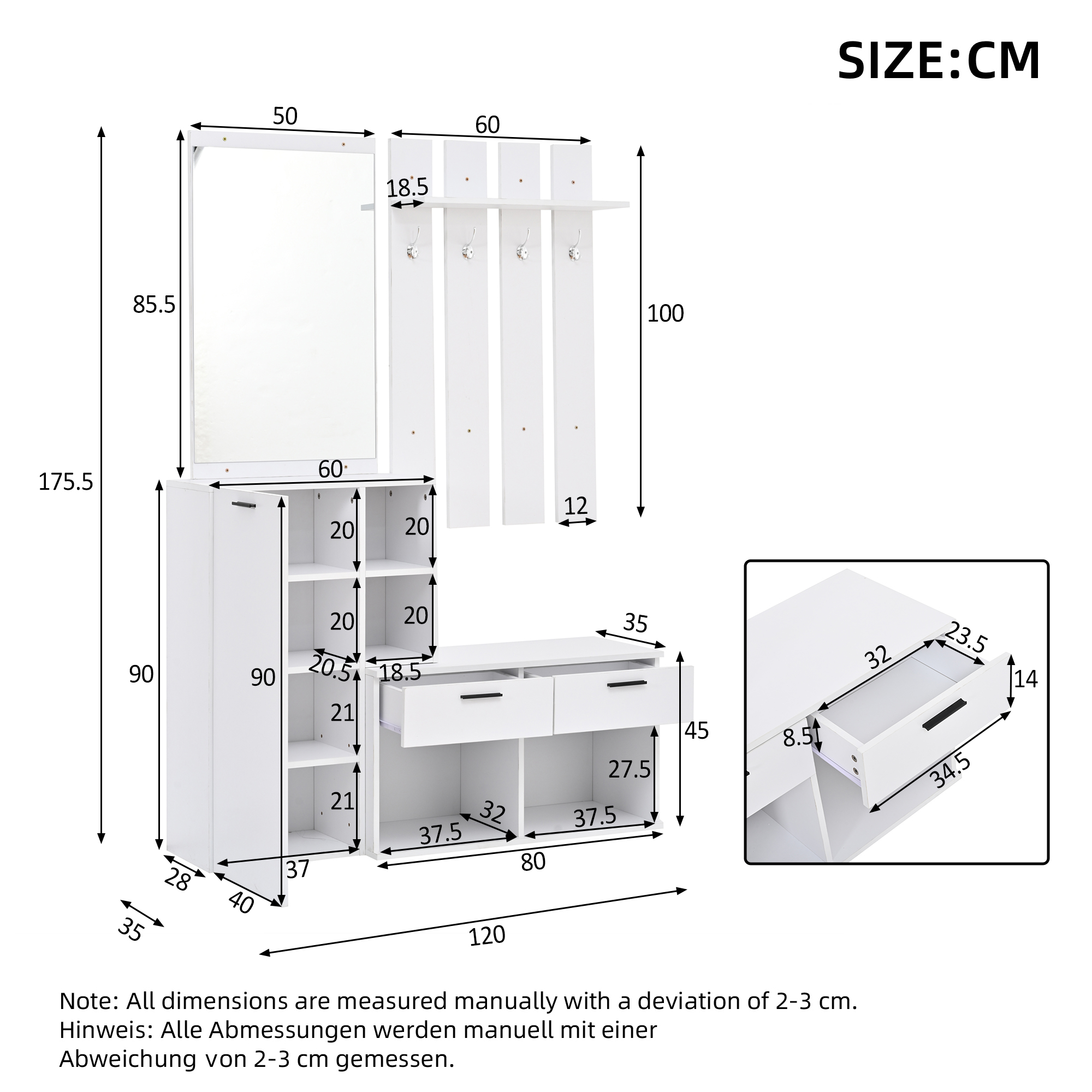 120x35x175.5cm Modern White Hallway Furniture Sets, Entryway Wardrobe With Shoe — image 4