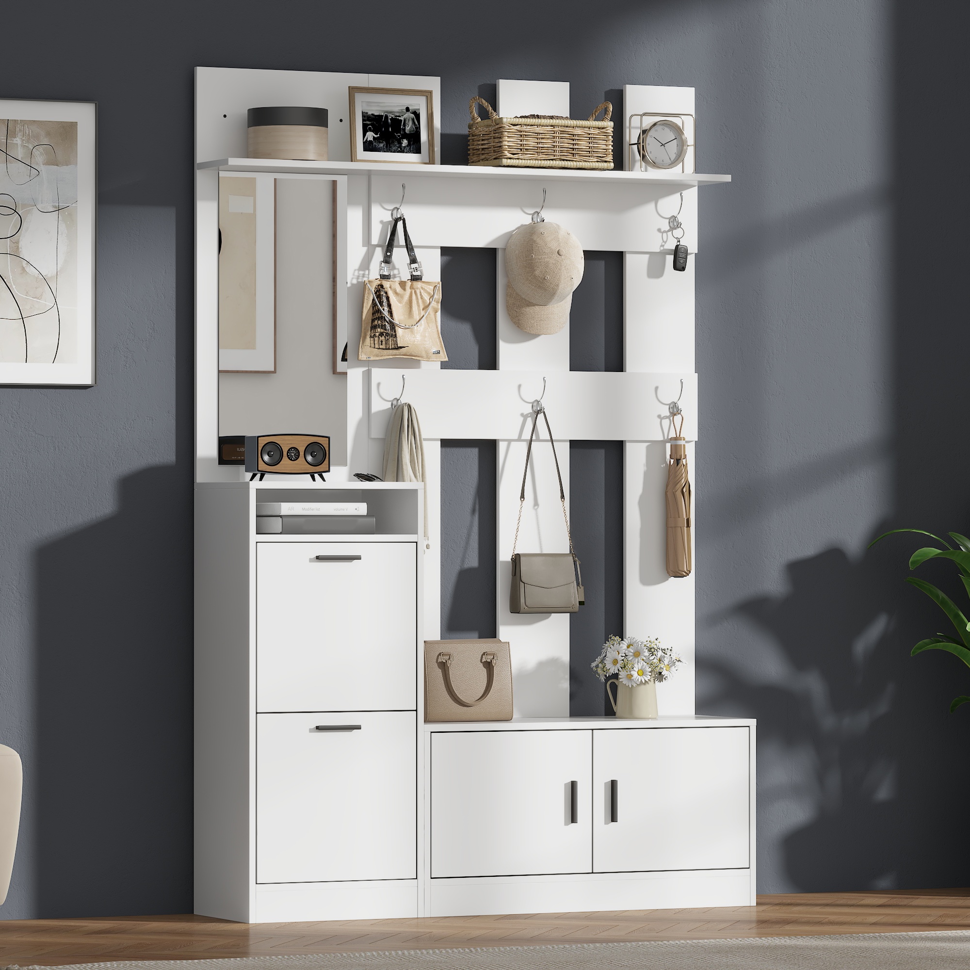 120x30x180cm Modern White Hallway Furniture Set,Freestanding Hall Tree Entryway — image 4