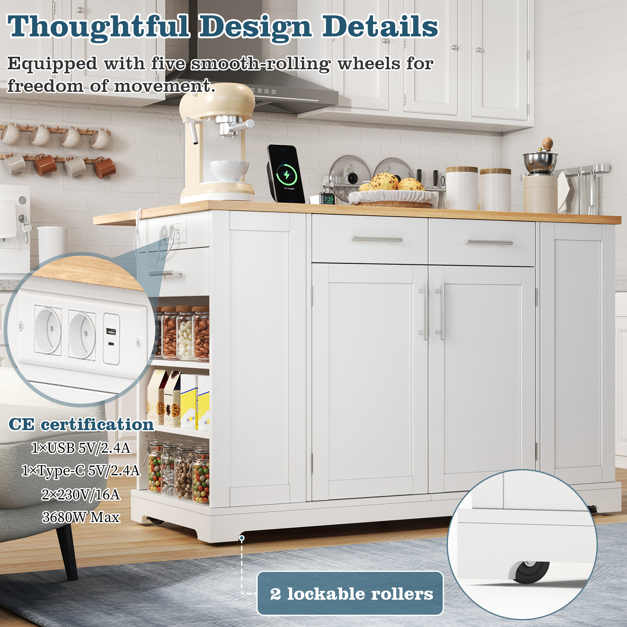 138 Cm Large Kitchen Island On Wheels, Cabinet With Folding Worktop, Stationary — image 5