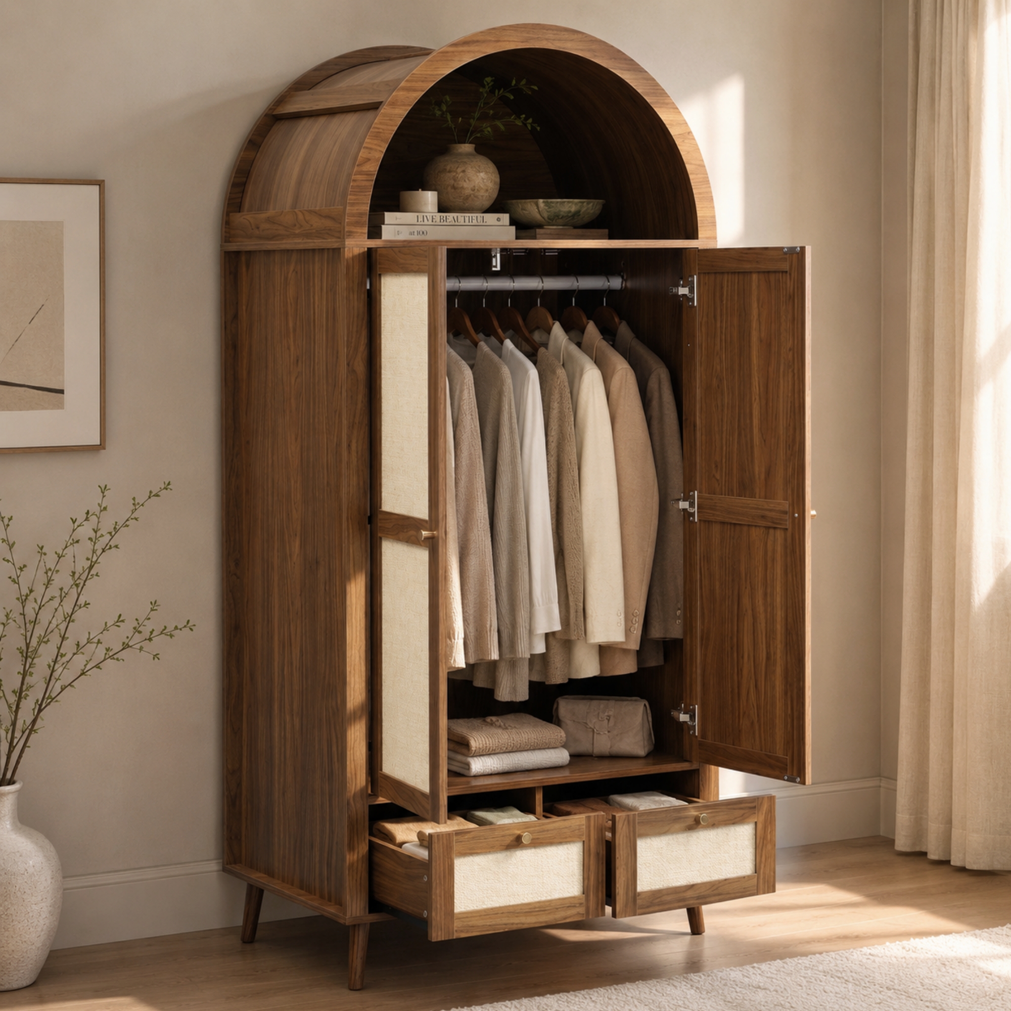 Arched Wardrobe With 2 Doors & 2 Drawers, 180cm Tall Beige Rattan-Effect Double — image 2