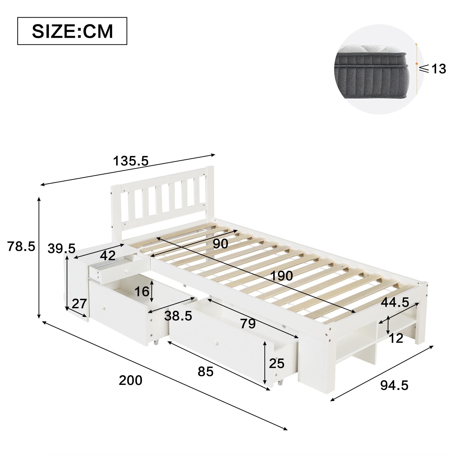 Wooden Bed, 3ft Single 90x190cm, Sturdy Slats, With A Bedside Table, Two — image 2