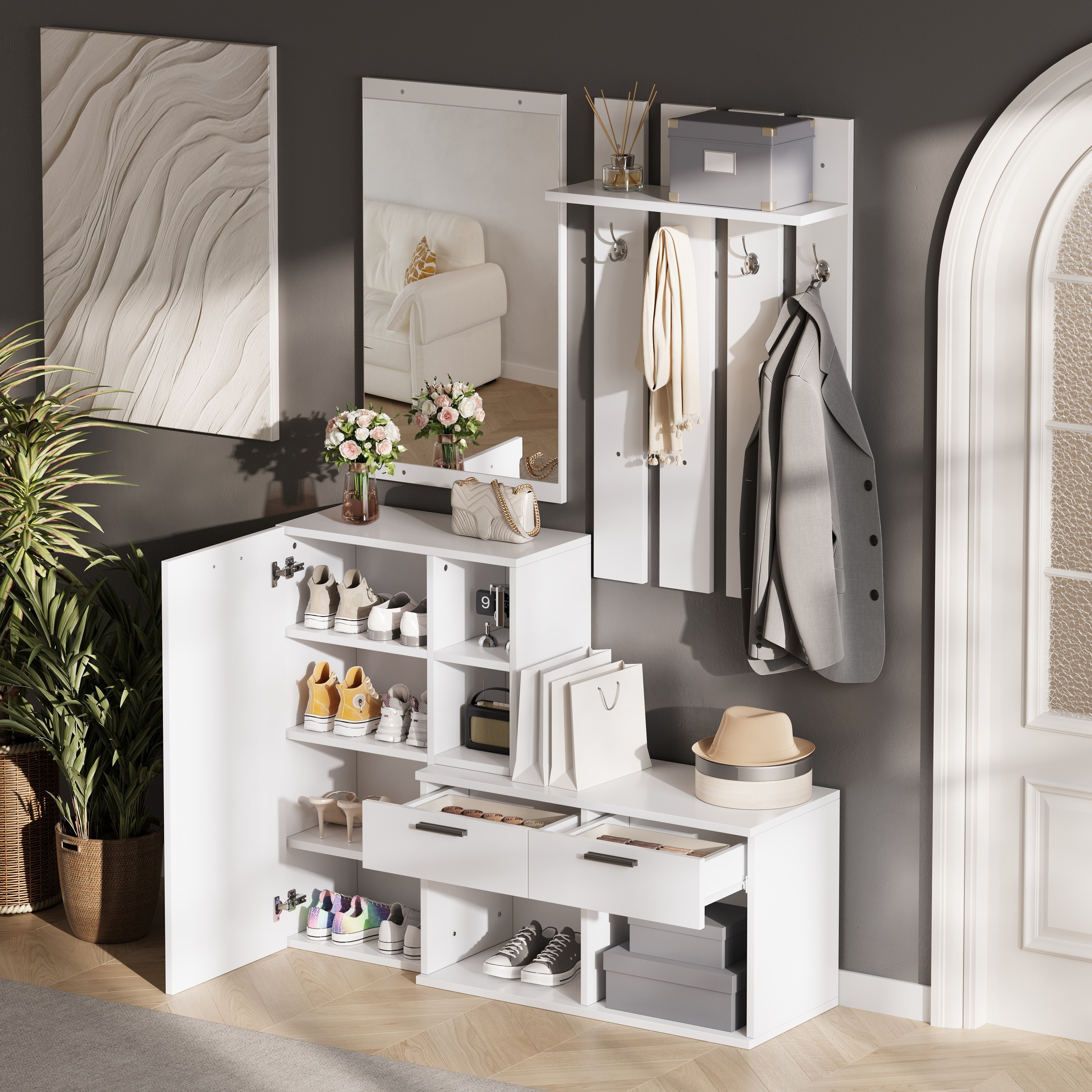 120x35x175.5cm Modern White Hallway Furniture Sets, Entryway Wardrobe With Shoe — image 5
