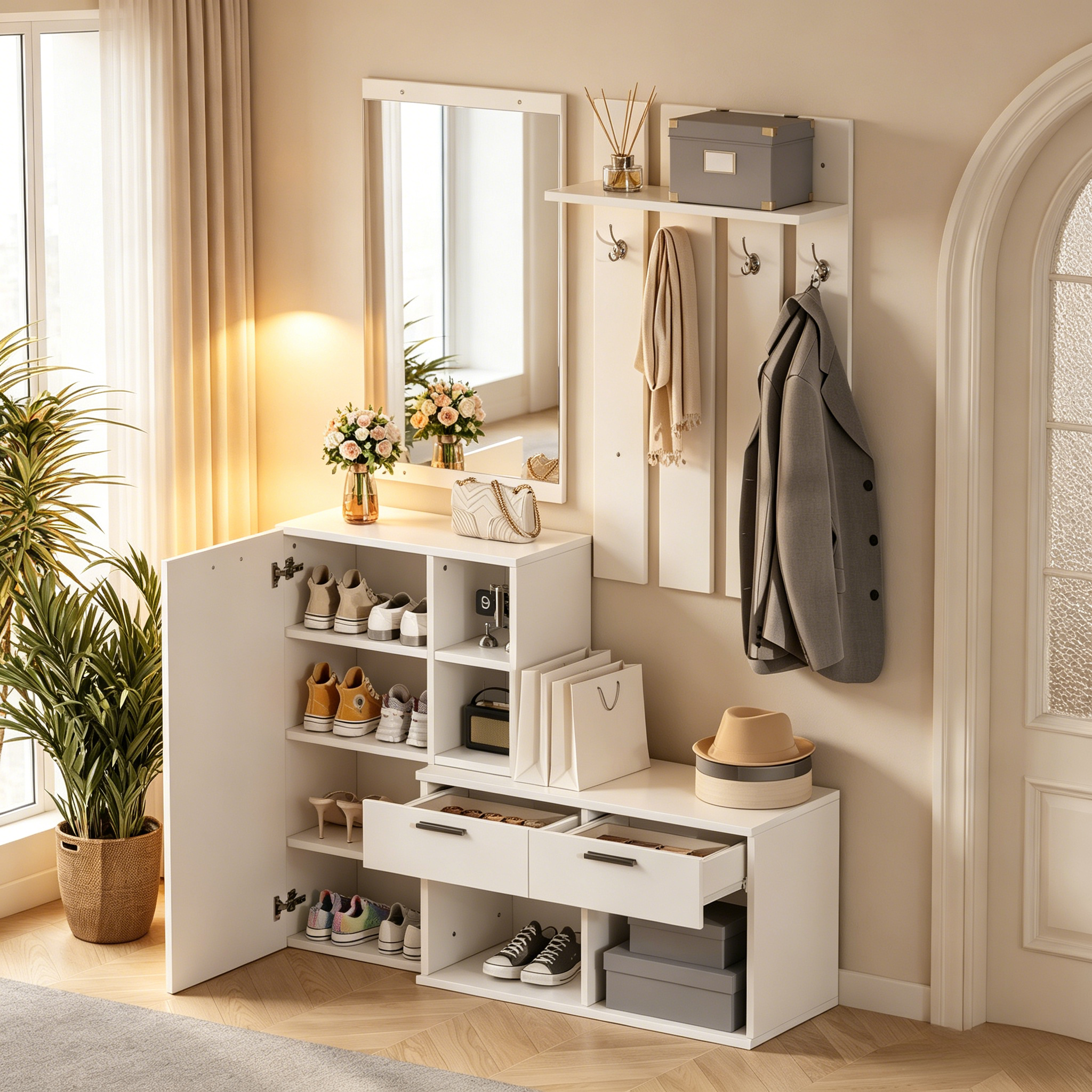120x35x175.5cm Modern White Hallway Furniture Sets, Entryway Wardrobe With Shoe