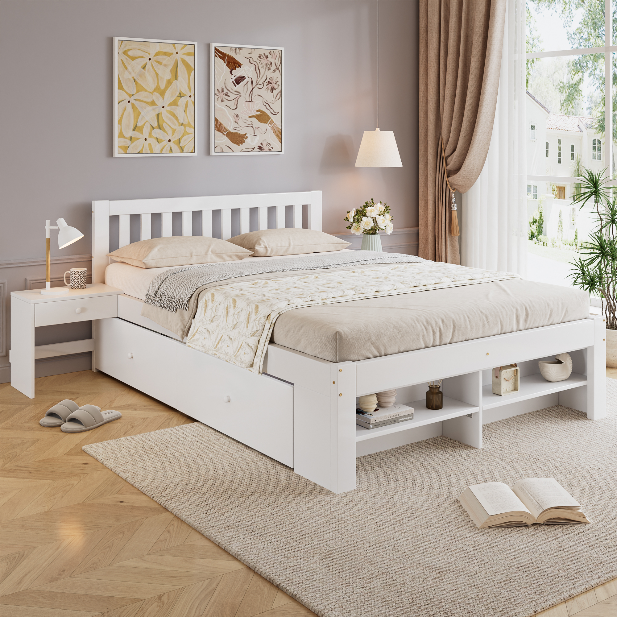 Wooden Bed, 4ft6 Double 135x190cm, Sturdy Slats, Storage Two Drawers Under