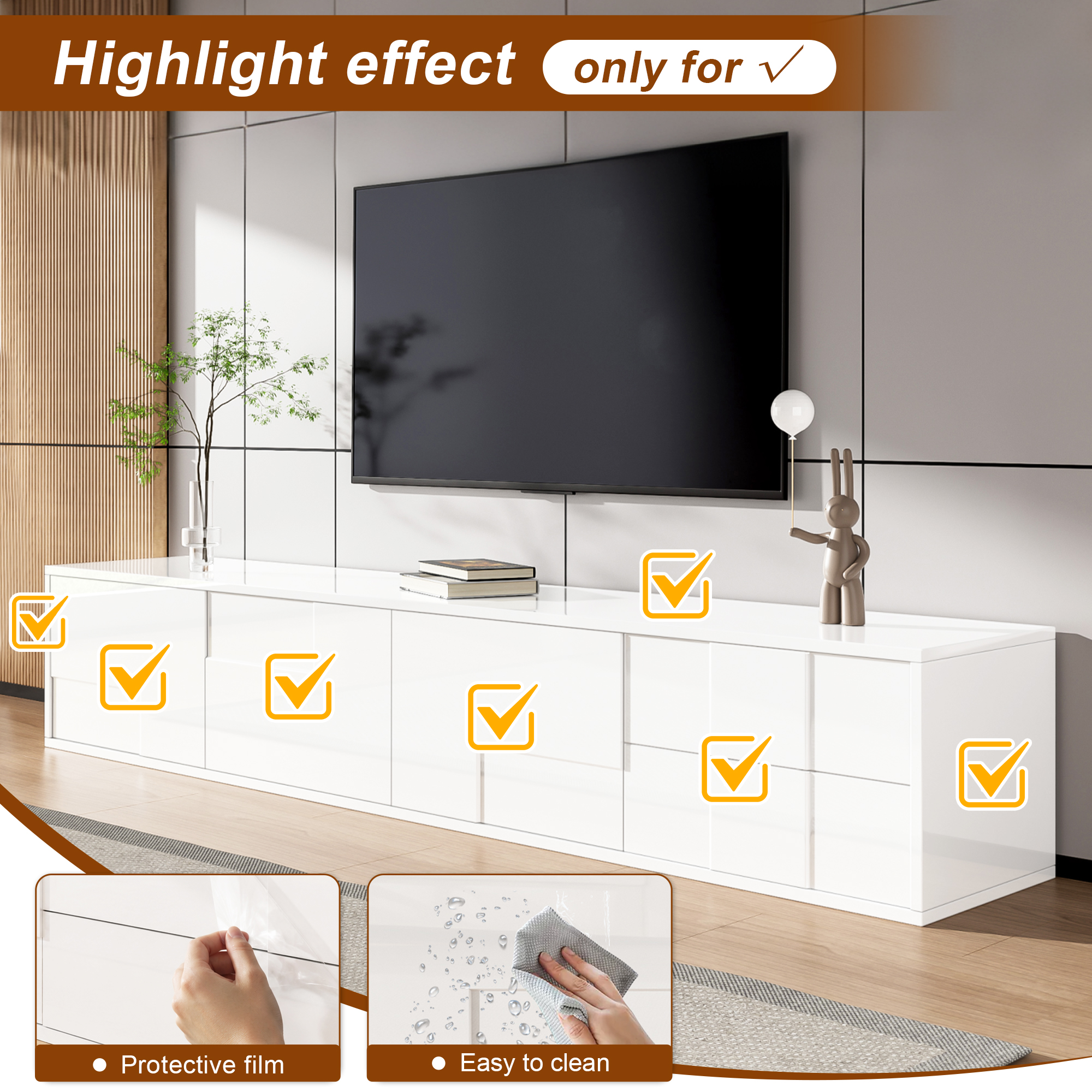 Modern White TV Lowboard 170 Cm, Wall-Mounted Or Freestanding, High-Gloss