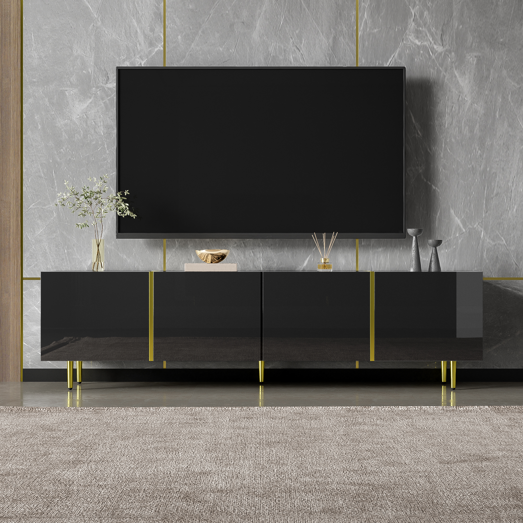 High-gloss TV Cabinet With Four Doors, Modern And Simple, In Black