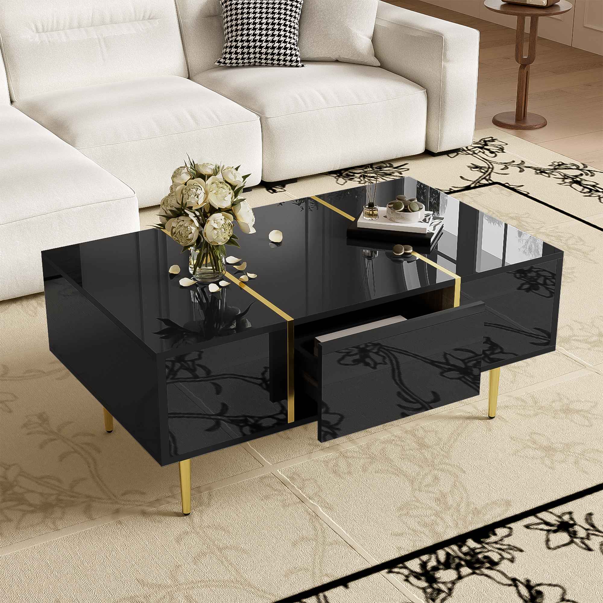 Black High-gloss Coffee Table, Modern And Simple, With 2 Drawers