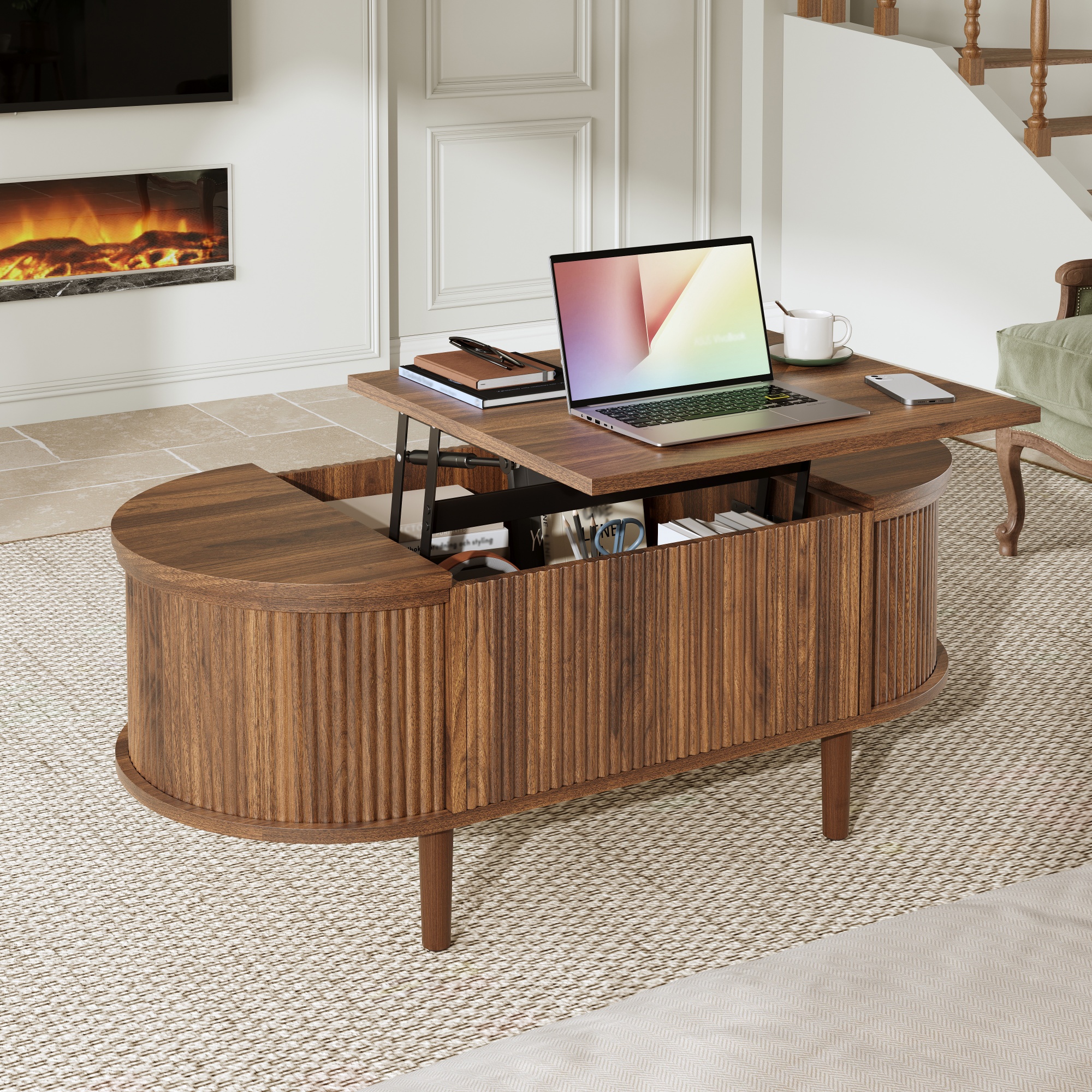 Oval, Adjustable Coffee Table With Storage, Vintage Style, Living Room Solid — image 2