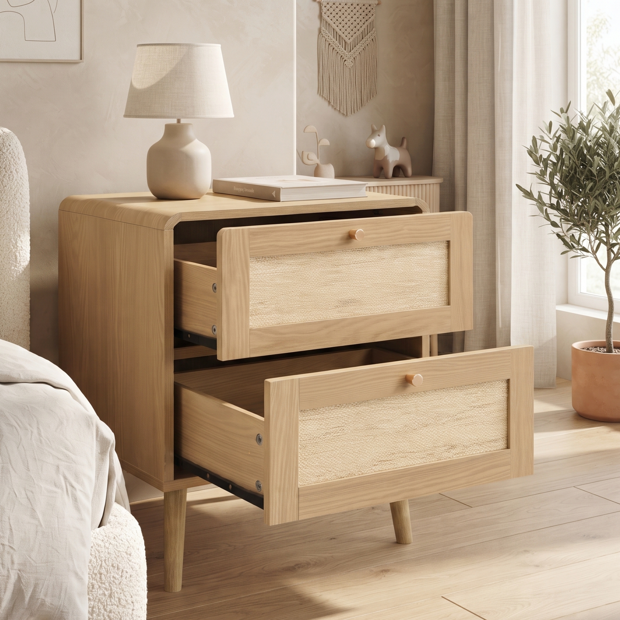 Set Of 2 Bedside Tables With 2 Drawers, 1Rattan-Effect Nightstands In Natural — image 3