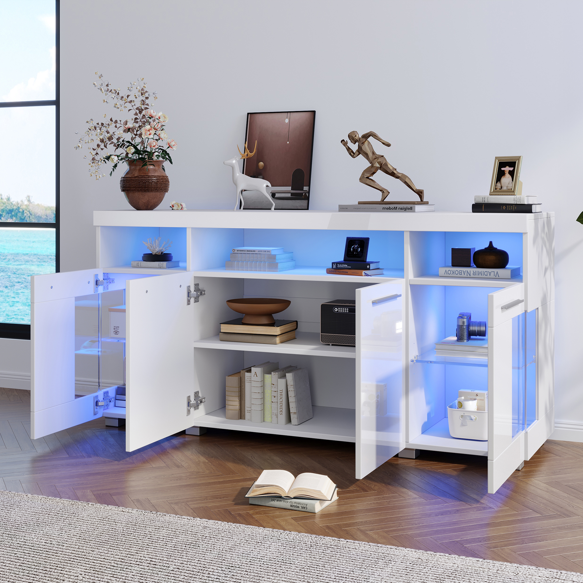 140x40x70cm High Gloss White Sideboard, Modern Storage Cabinet With LED — image 2