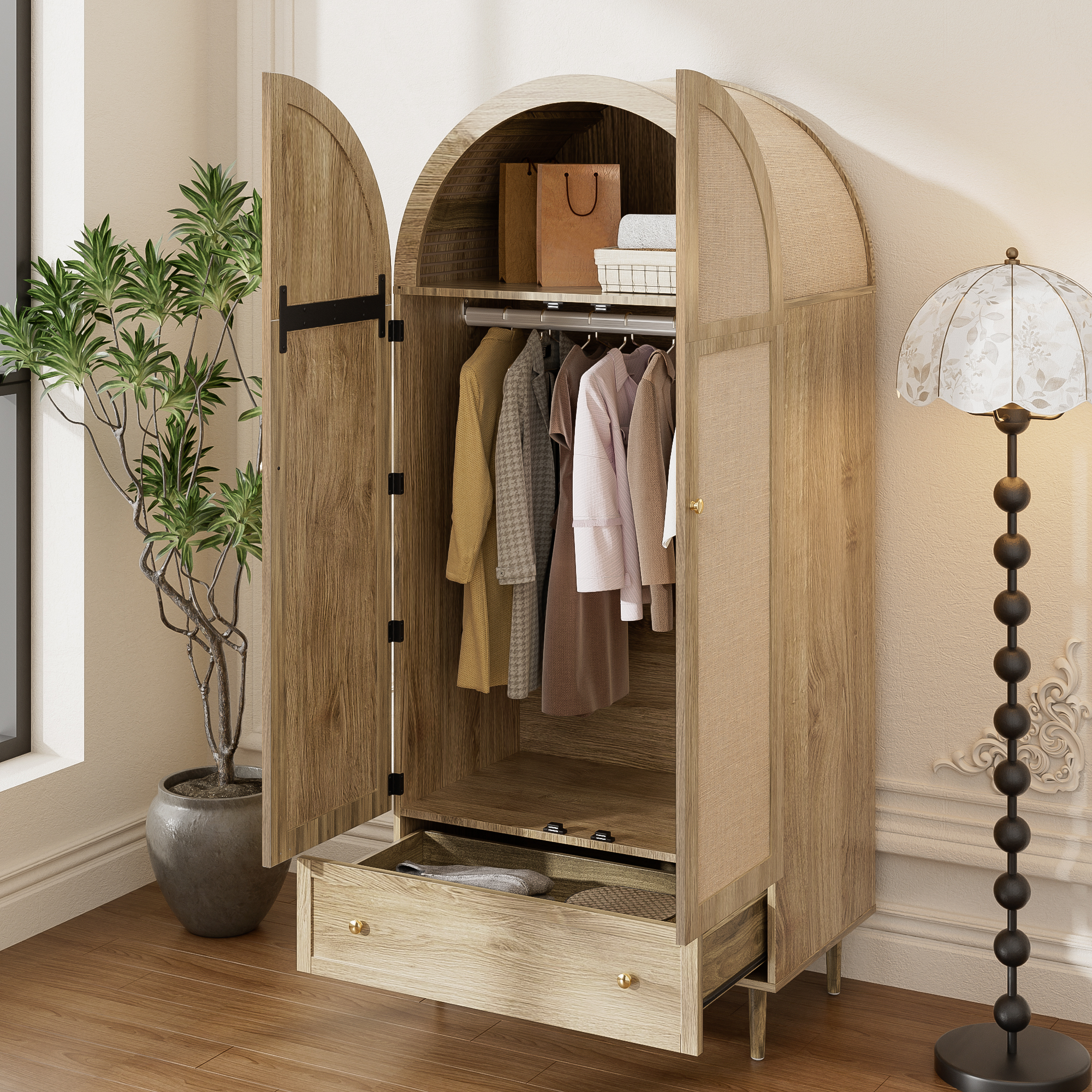 Elegant Wardrobe With Fabric Doors & Drawer, Clothes Cabinet Wood Look, Sturdy — image 3