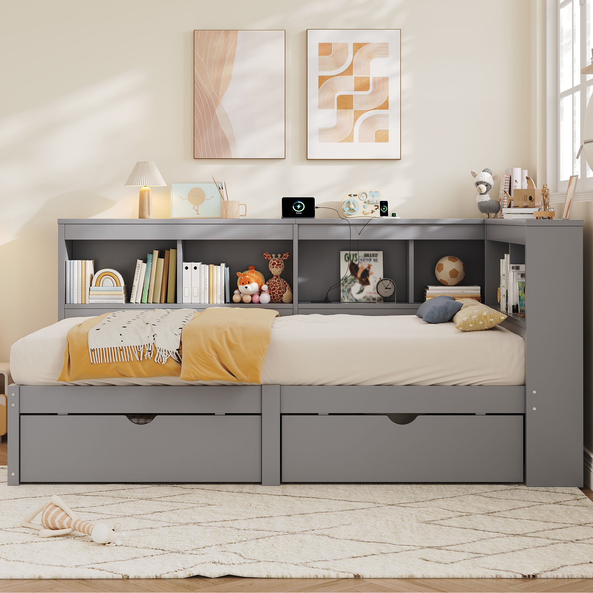 3ft Single L-Shape Daybed With Two Storage Drawers And Bookcase Modern Bed — image 4