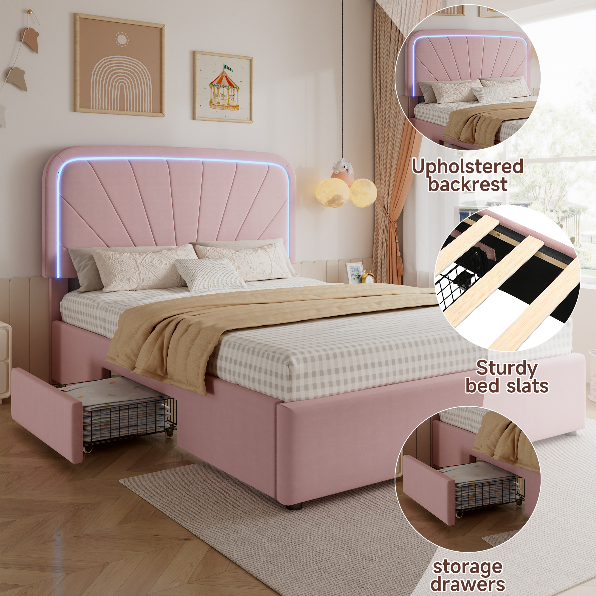 Upholstered Bed, Children's Velvet Backrest, 4ft6 Double Frame With 2 Storage — image 4