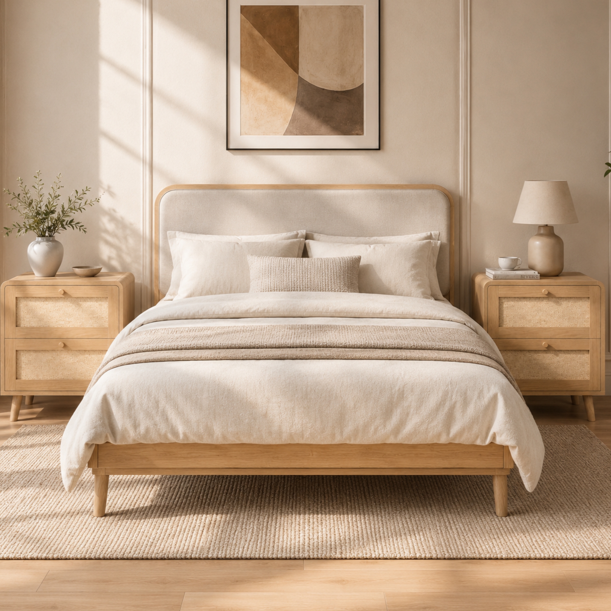 Set Of 2 Bedside Tables With 2 Drawers, 1Rattan-Effect Nightstands In Natural — image 4