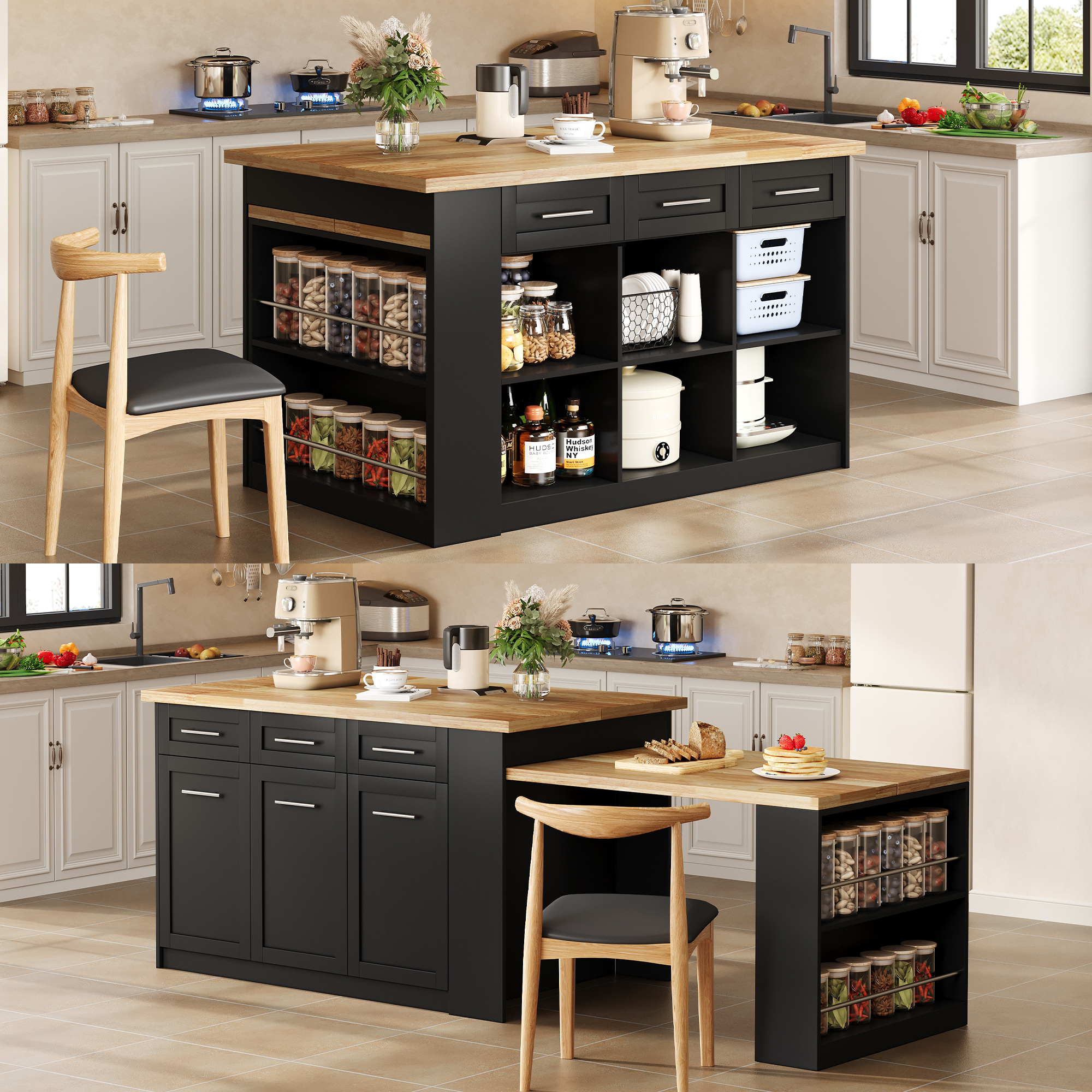 Kitchen Island With Extendable Dining Table, Large Storage Cabinet Drawers — image 4