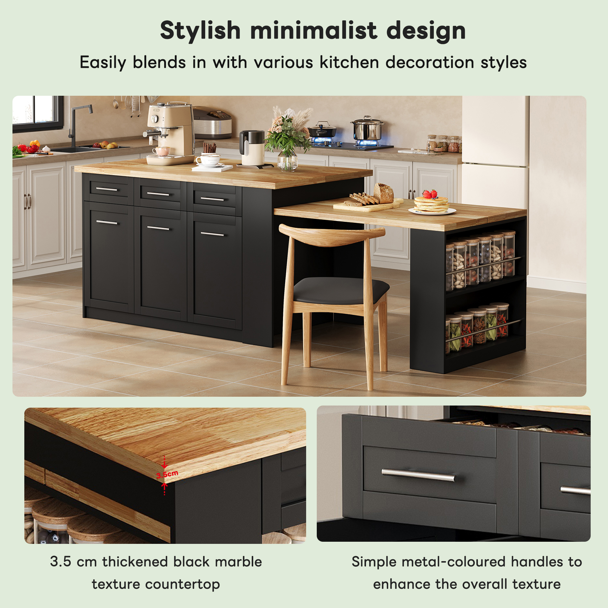 Kitchen Island With Extendable Dining Table, Large Storage Cabinet Drawers — image 5