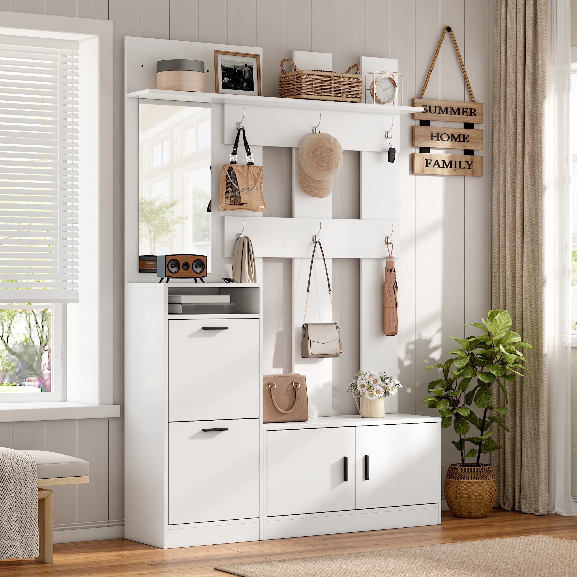 120x30x180cm Modern White Hallway Furniture Set,Freestanding Hall Tree Entryway — image 5