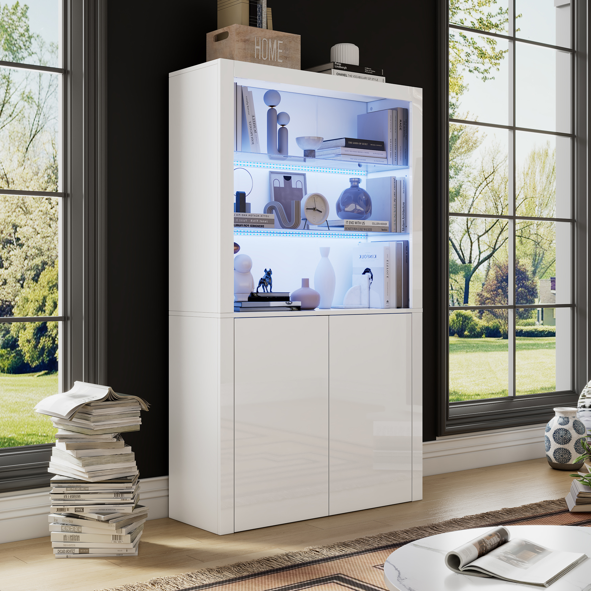 10 0 X 35 X 170 Cm White High Gloss Display Cabinet, Storage With LED Lights