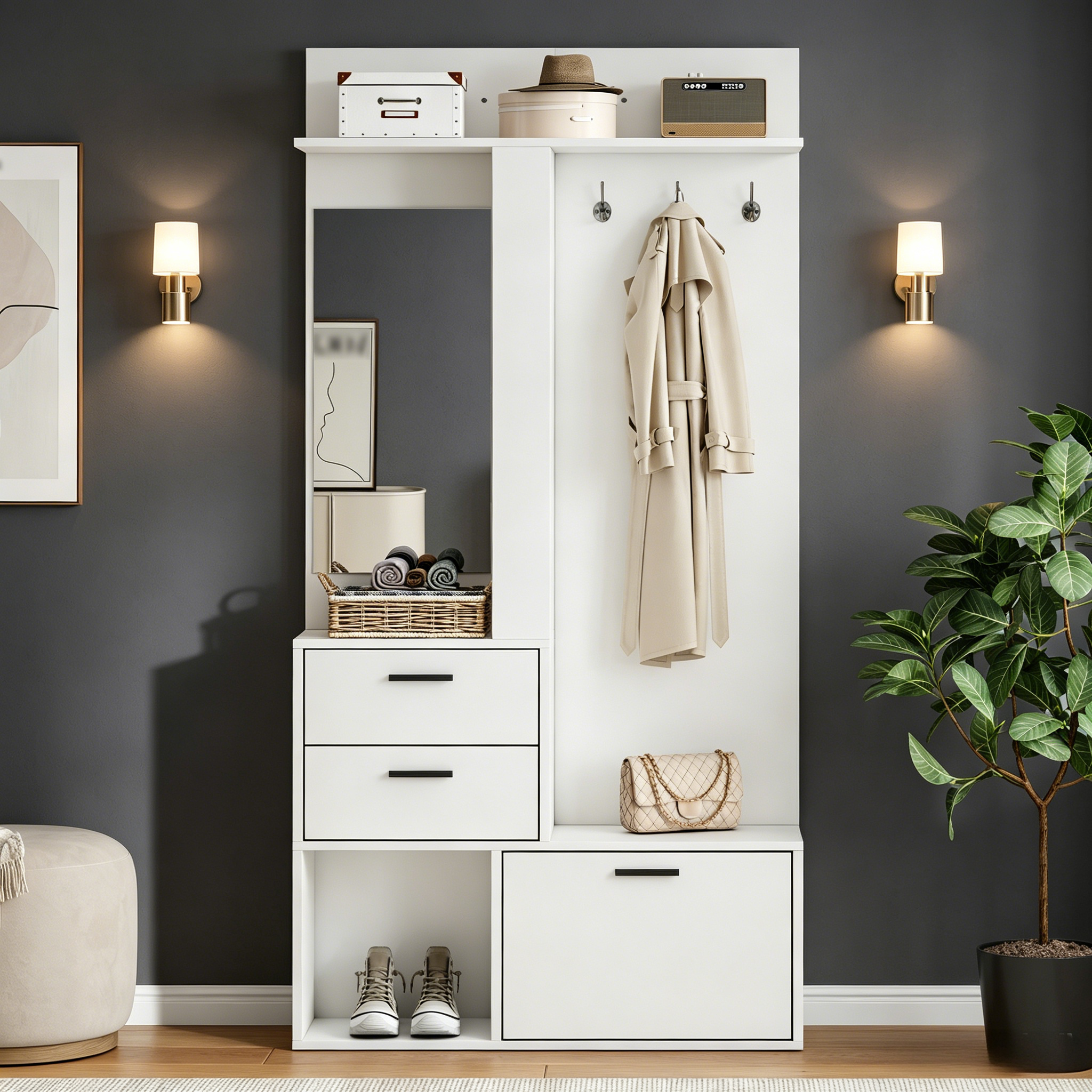 Modern White Hallway Furniture Set, 90x30x180cm Hall Tree Entryway Coat Rack — image 4