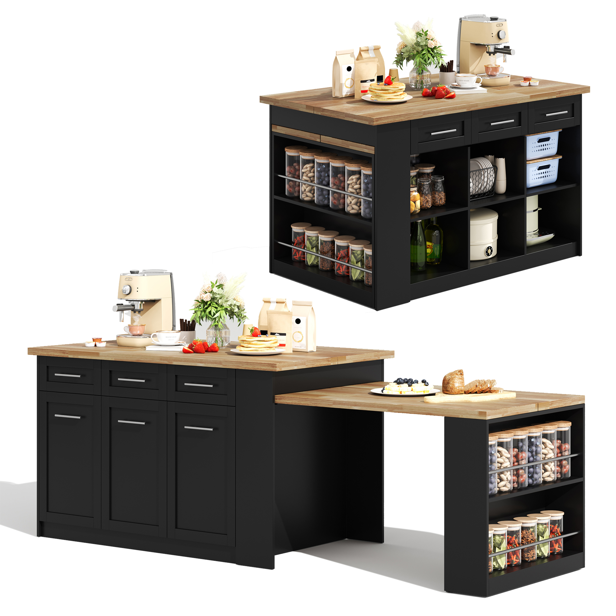 Kitchen Island With Extendable Dining Table, Large Storage Cabinet Drawers — image 2