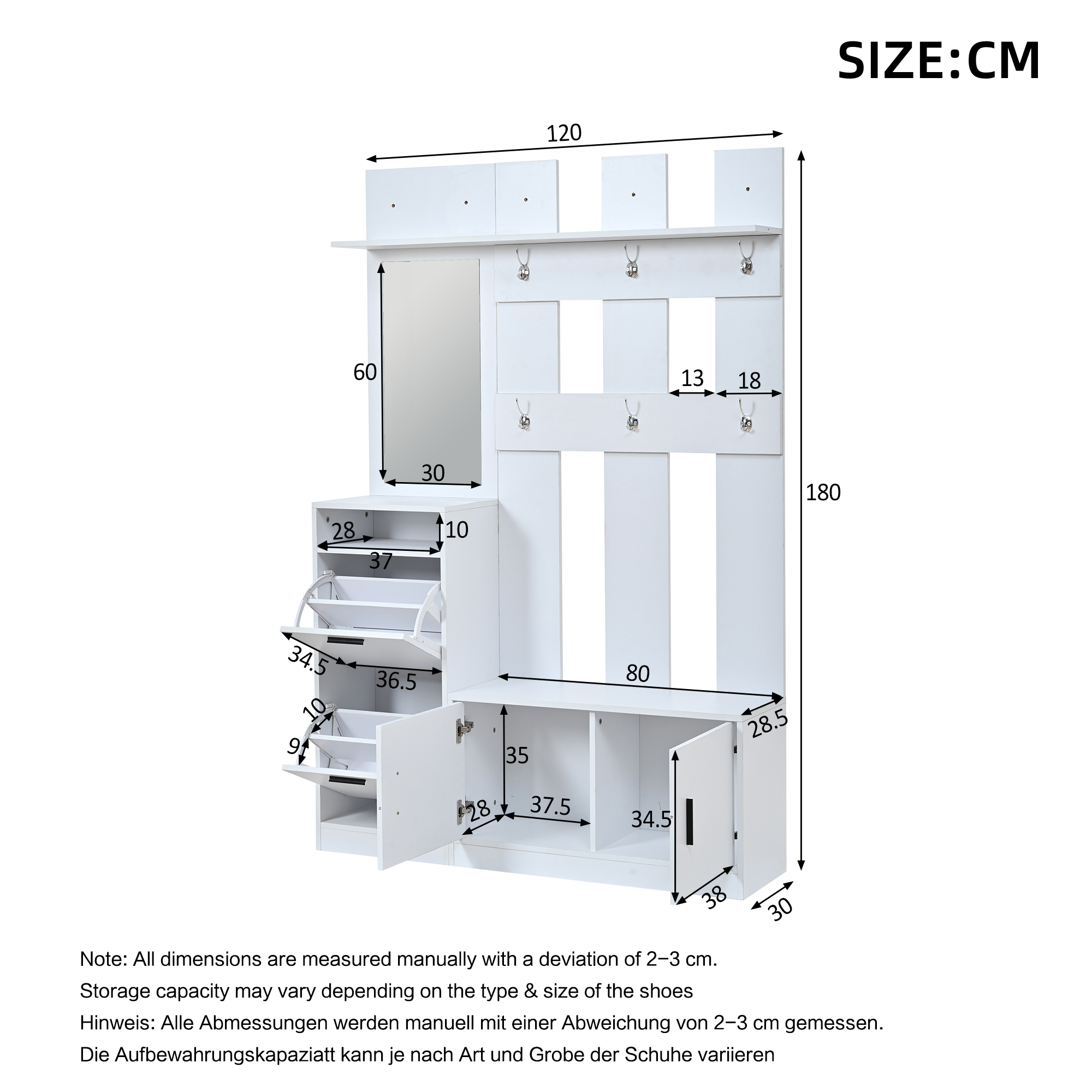 120x30x180cm Modern White Hallway Furniture Set,Freestanding Hall Tree Entryway