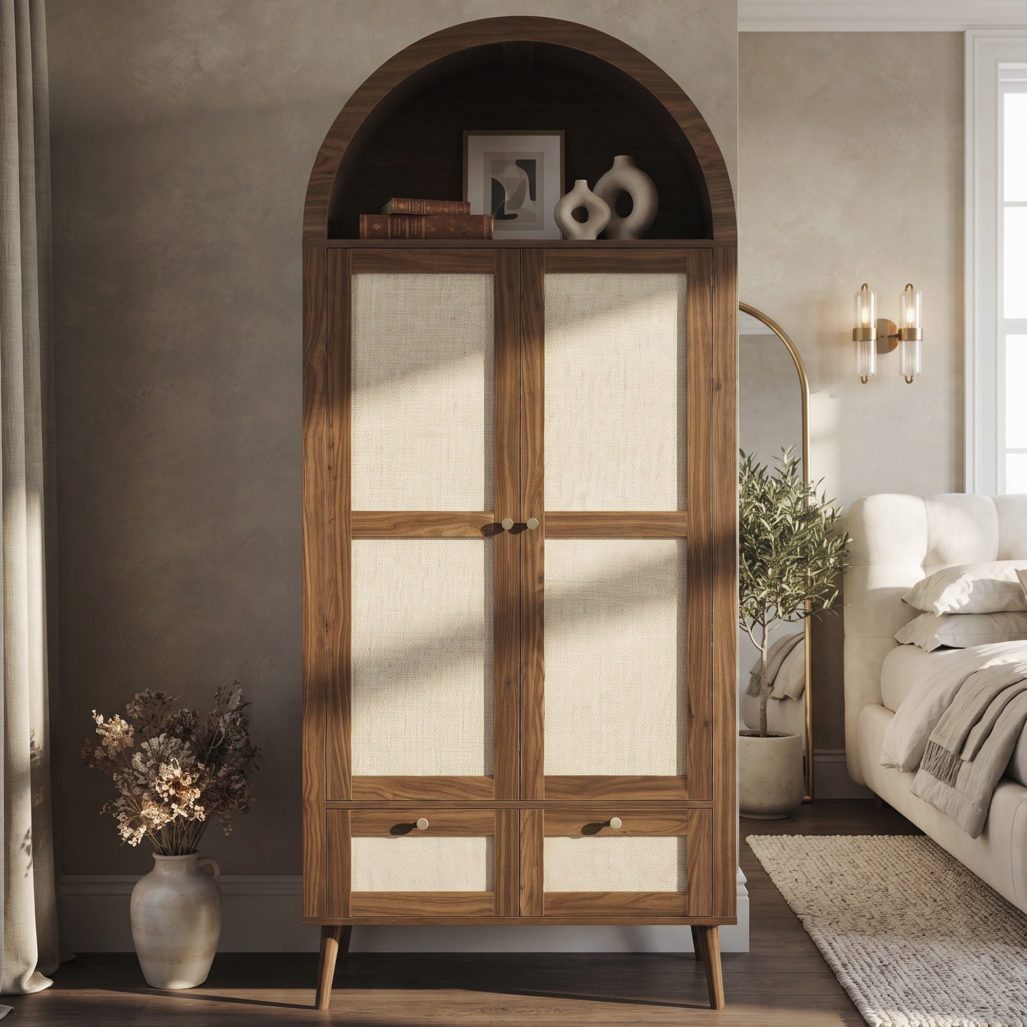 Arched Wardrobe With 2 Doors & 2 Drawers, 180cm Tall Beige Rattan-Effect Double — image 3