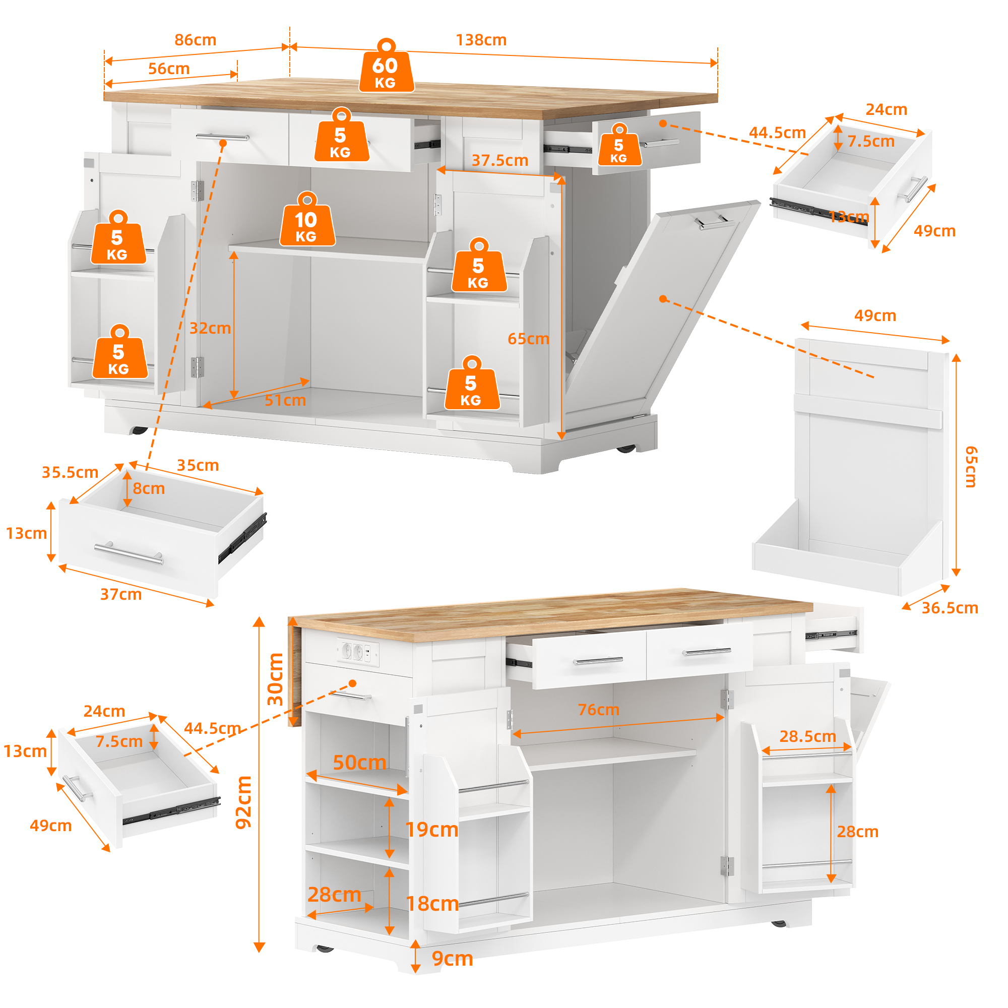 138 Cm Large Kitchen Island On Wheels, Cabinet With Folding Worktop, Stationary — image 2