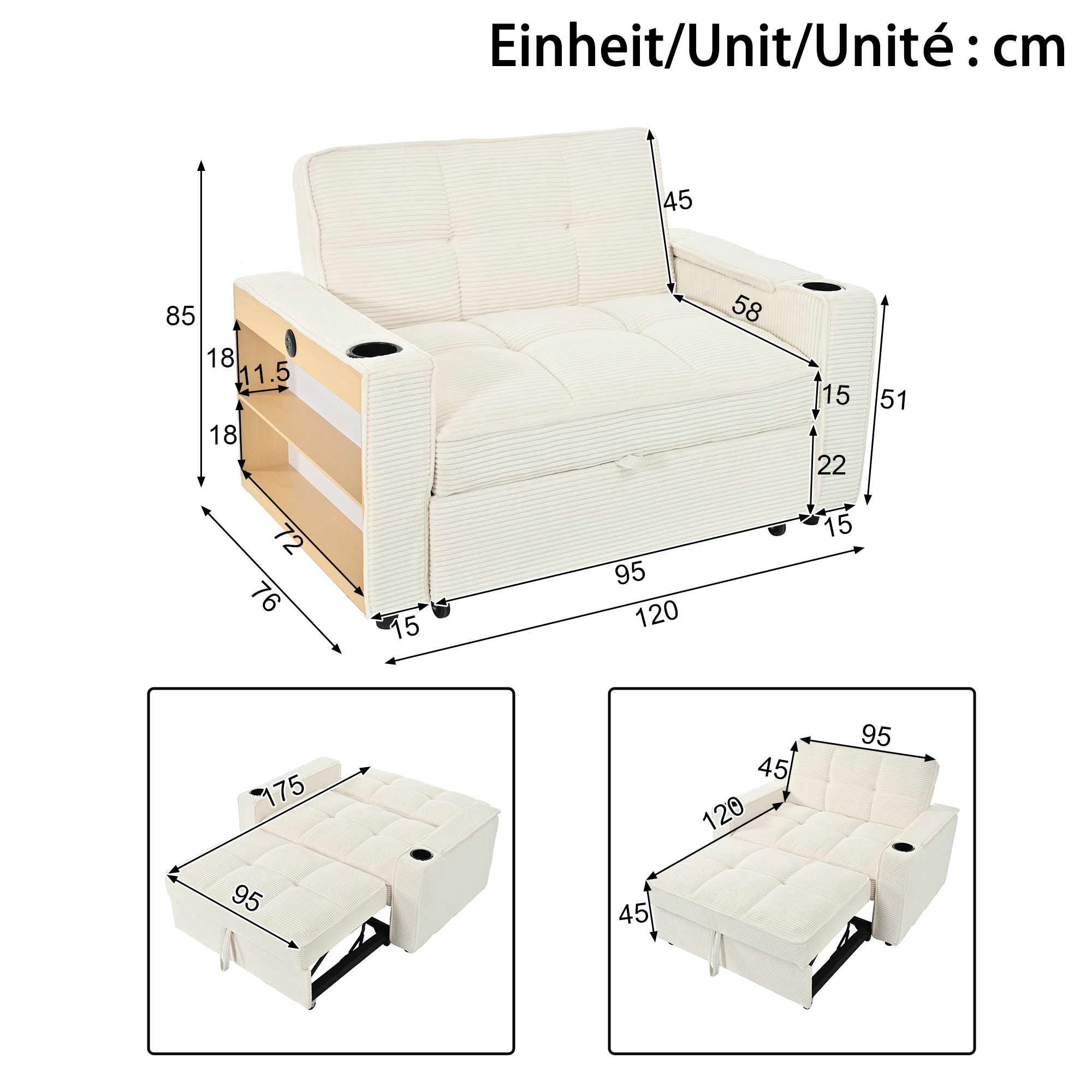 Sofa Bed 2 Seater, Convertible Sleeper With 7-Color LED Lights, Corduroy — image 4