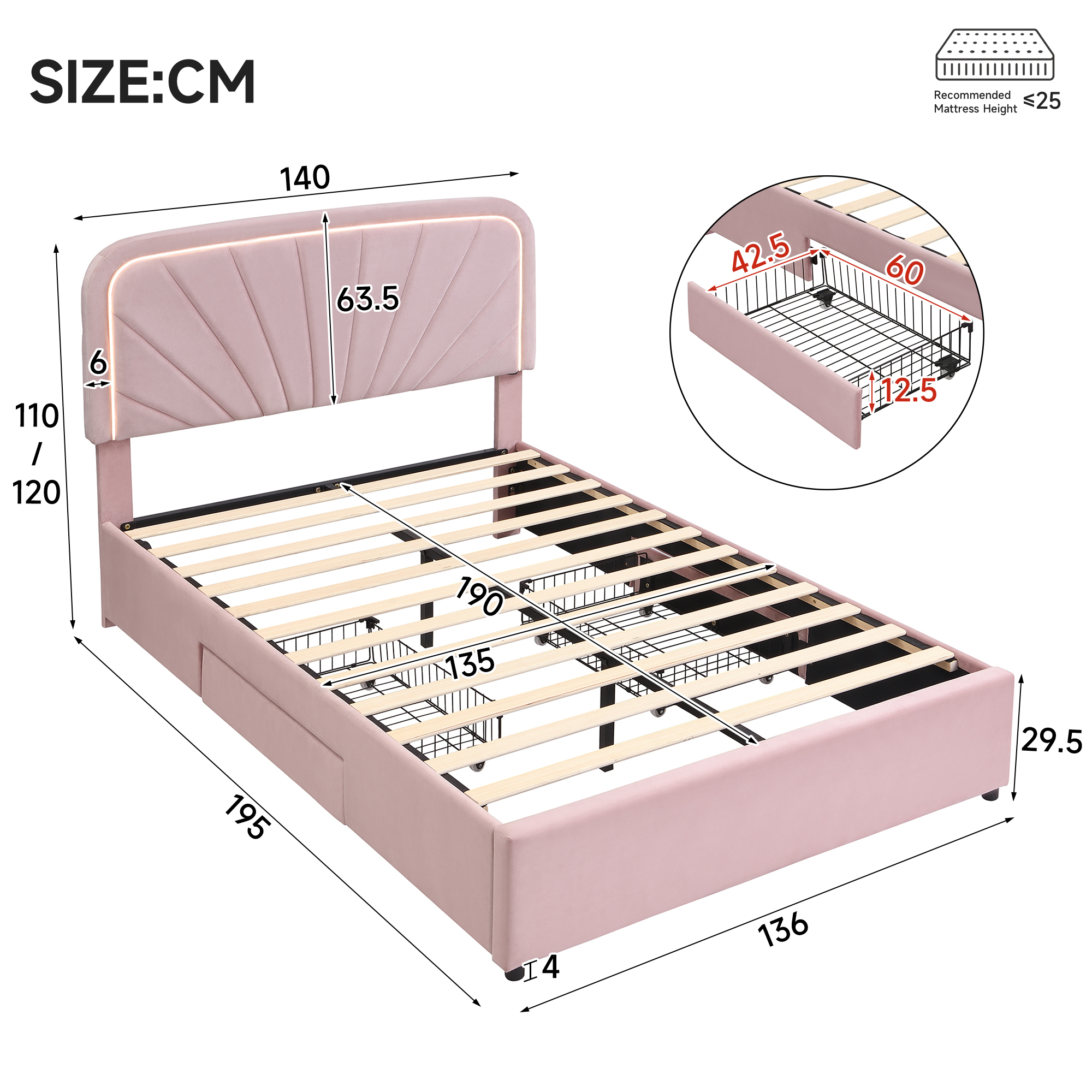 Upholstered Bed, Children's Velvet Backrest, 4ft6 Double Frame With 2 Storage — image 2