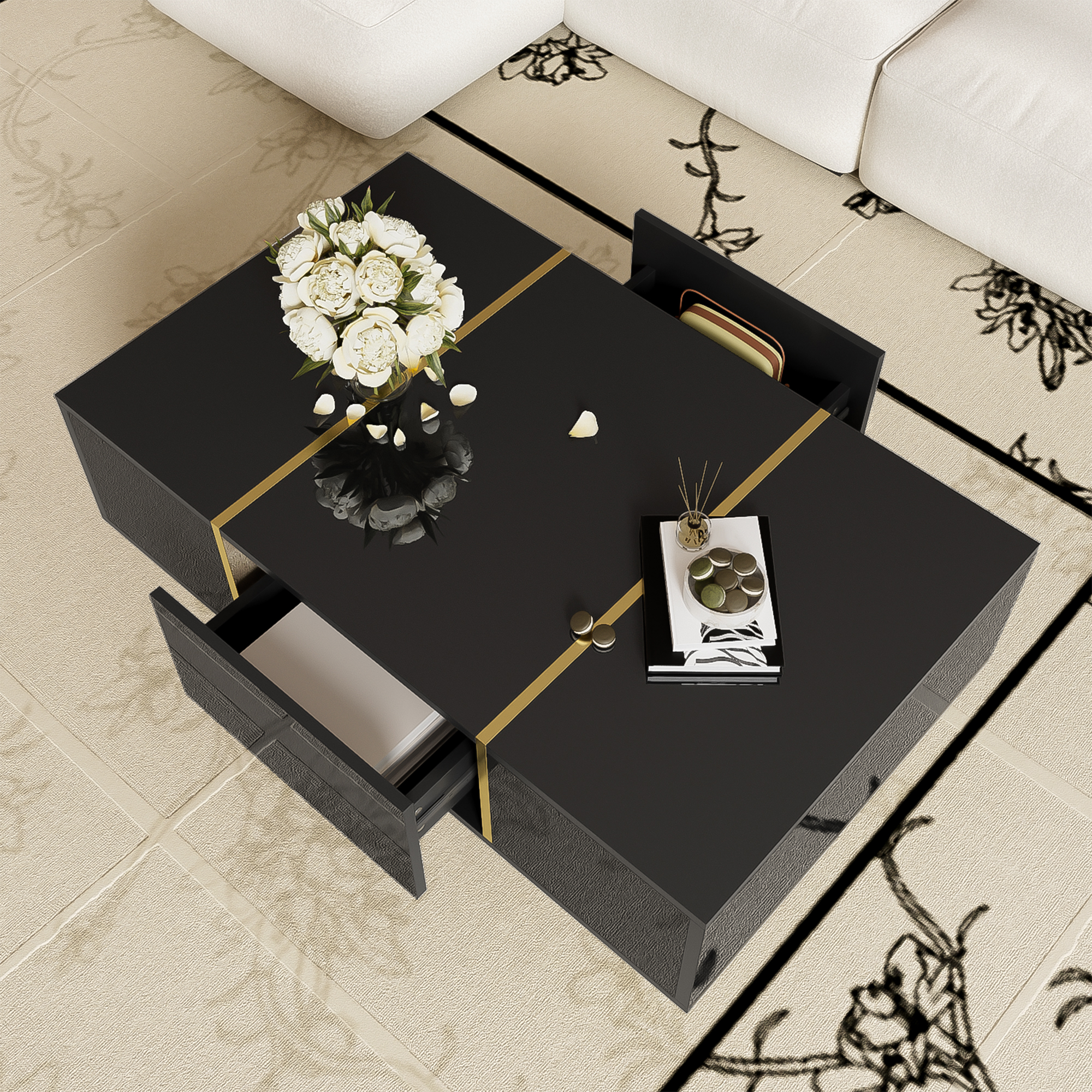 Black High-gloss Coffee Table, Modern And Simple, With 2 Drawers — image 3