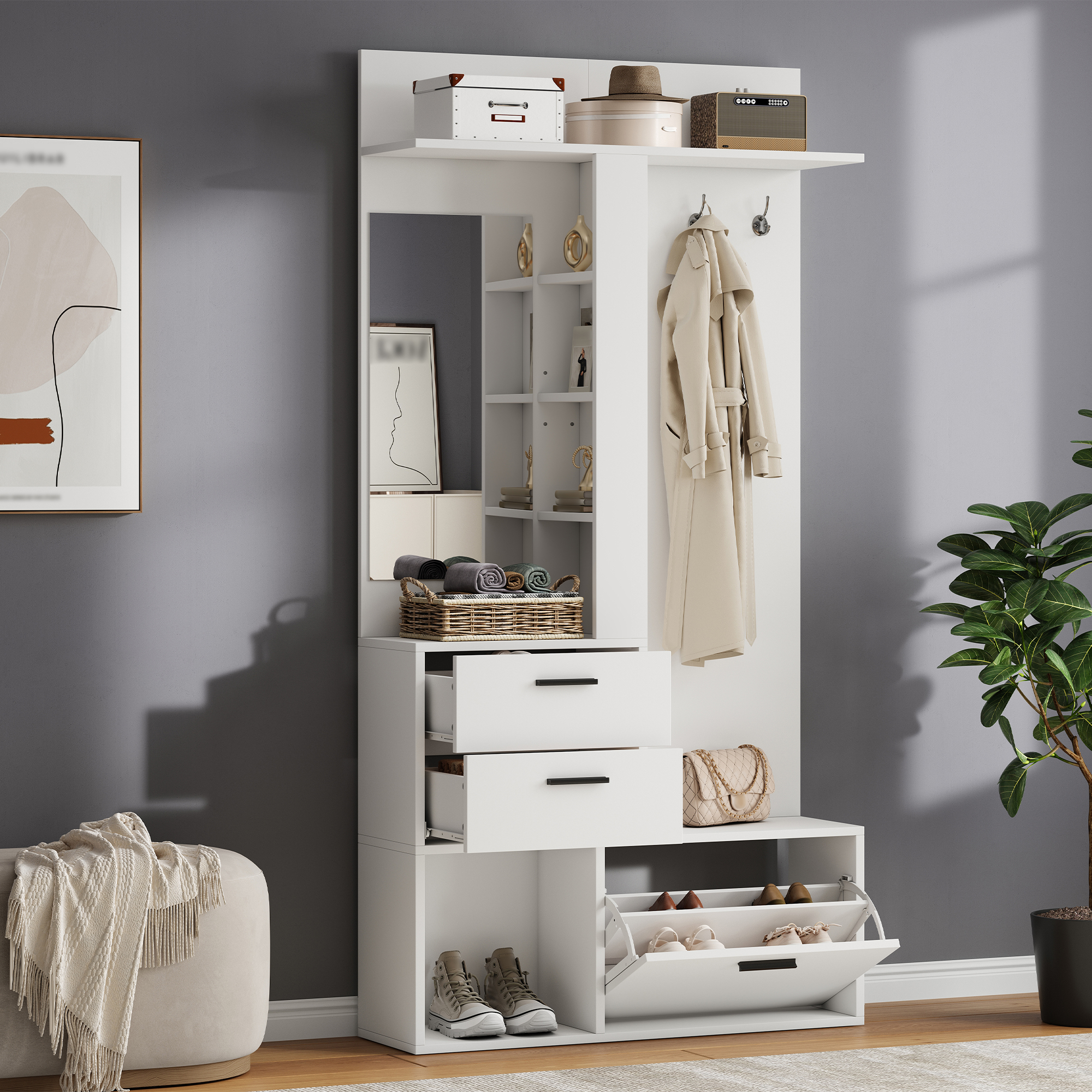 Modern White Hallway Furniture Set, 90x30x180cm Hall Tree Entryway Coat Rack — image 5
