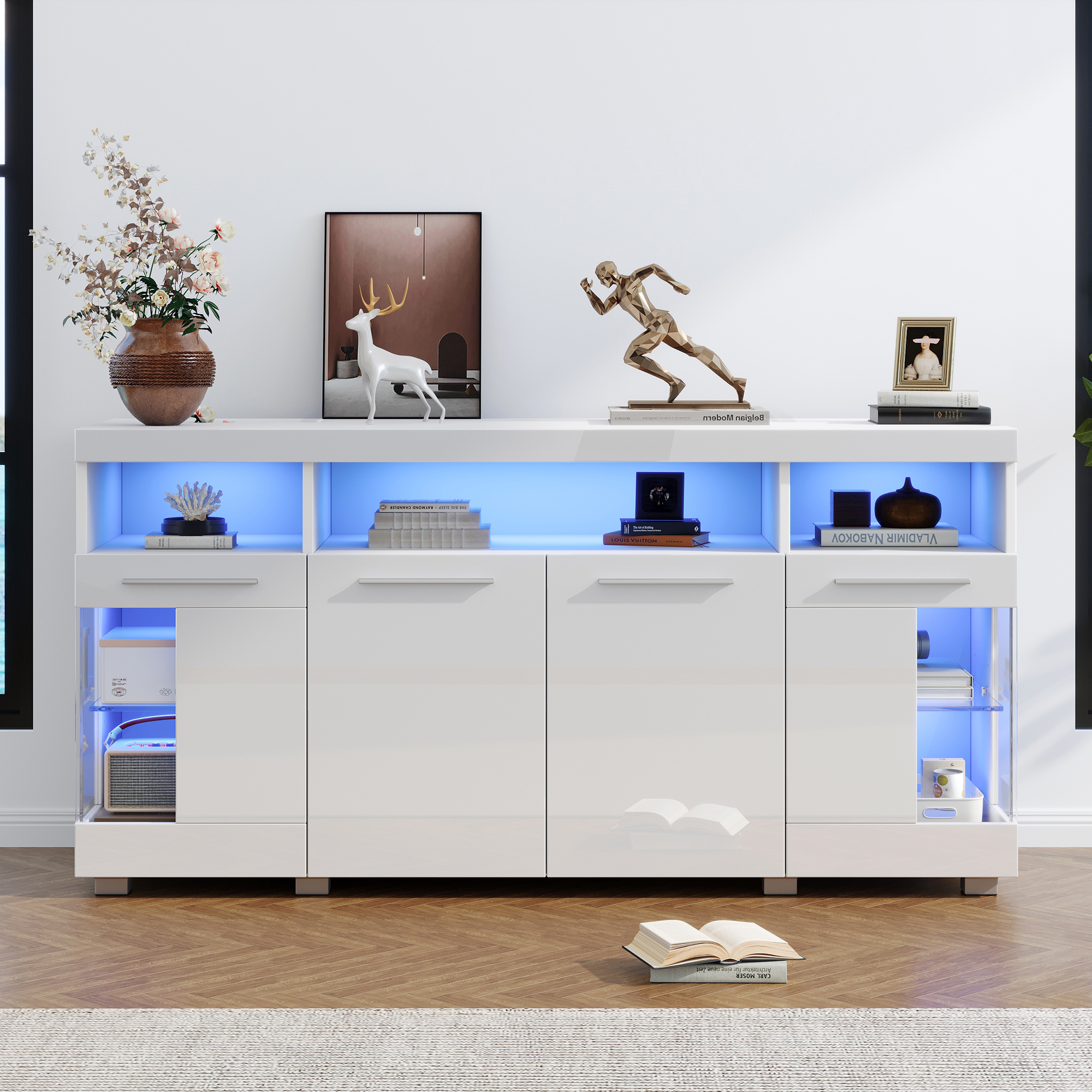 140x40x70cm High Gloss White Sideboard, Modern Storage Cabinet With LED Lighting, 3-Tier Tempered Glass Display Shelves, Freestanding Buffet Cabinet For Kitchen, Dining Room, Living Room