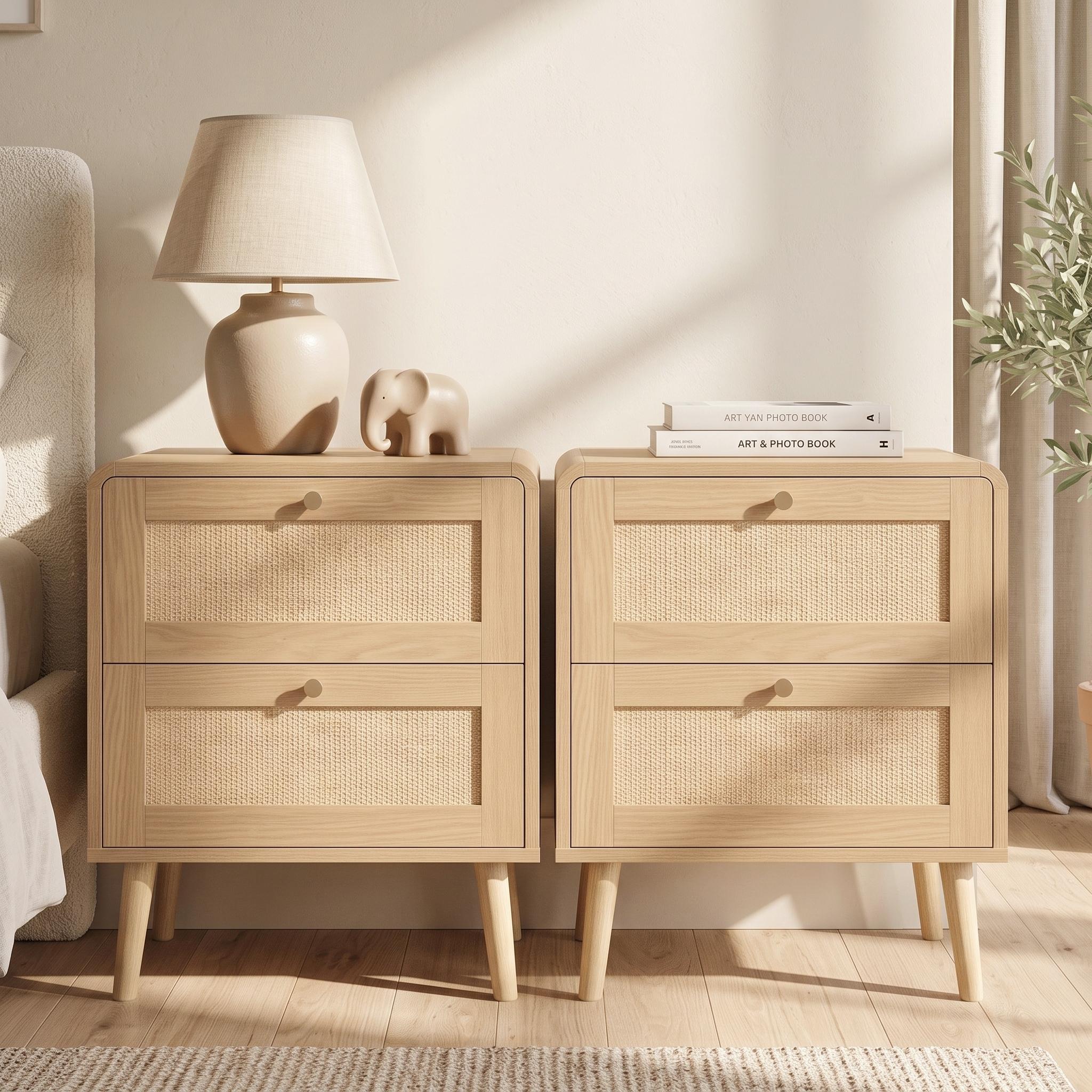 Set Of 2 Bedside Tables With 2 Drawers, 1Rattan-Effect Nightstands In Natural — image 5