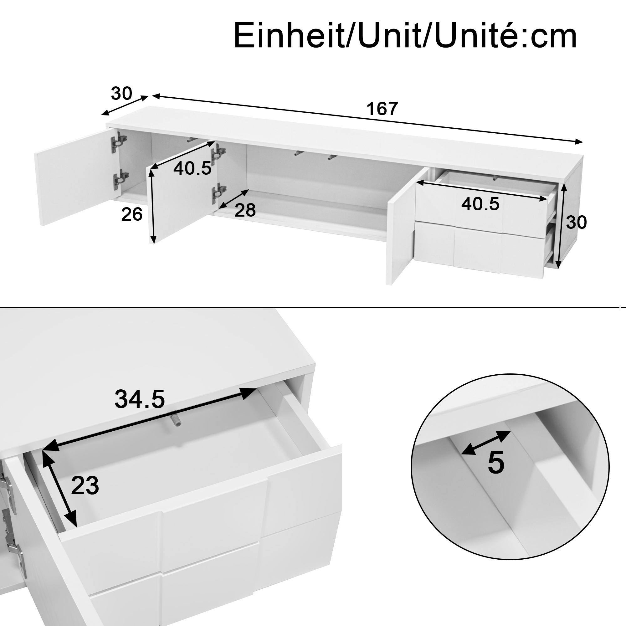 Modern White TV Lowboard 170 Cm, Wall-Mounted Or Freestanding, High-Gloss — image 5