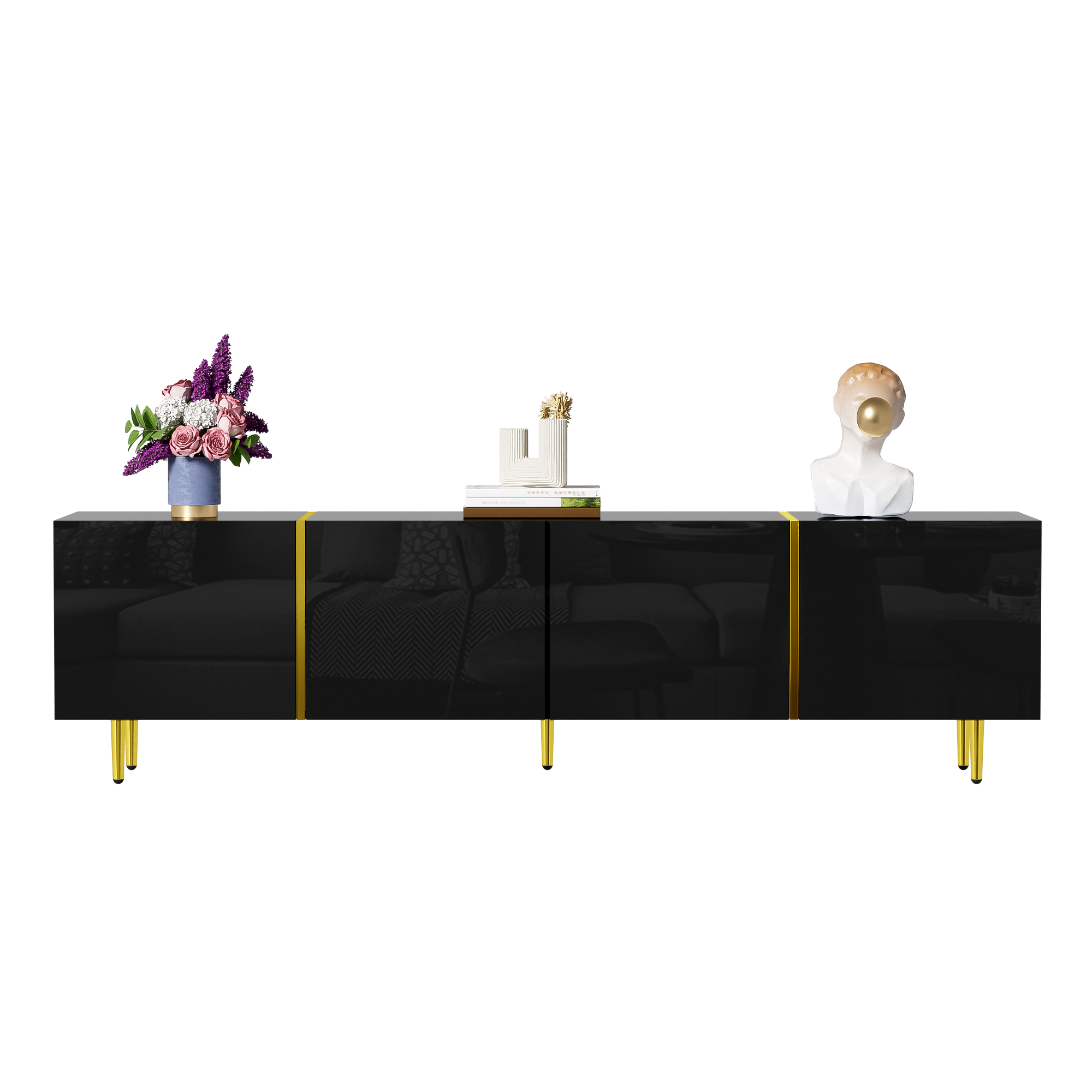 High-gloss TV Cabinet With Four Doors, Modern And Simple, In Black — image 2