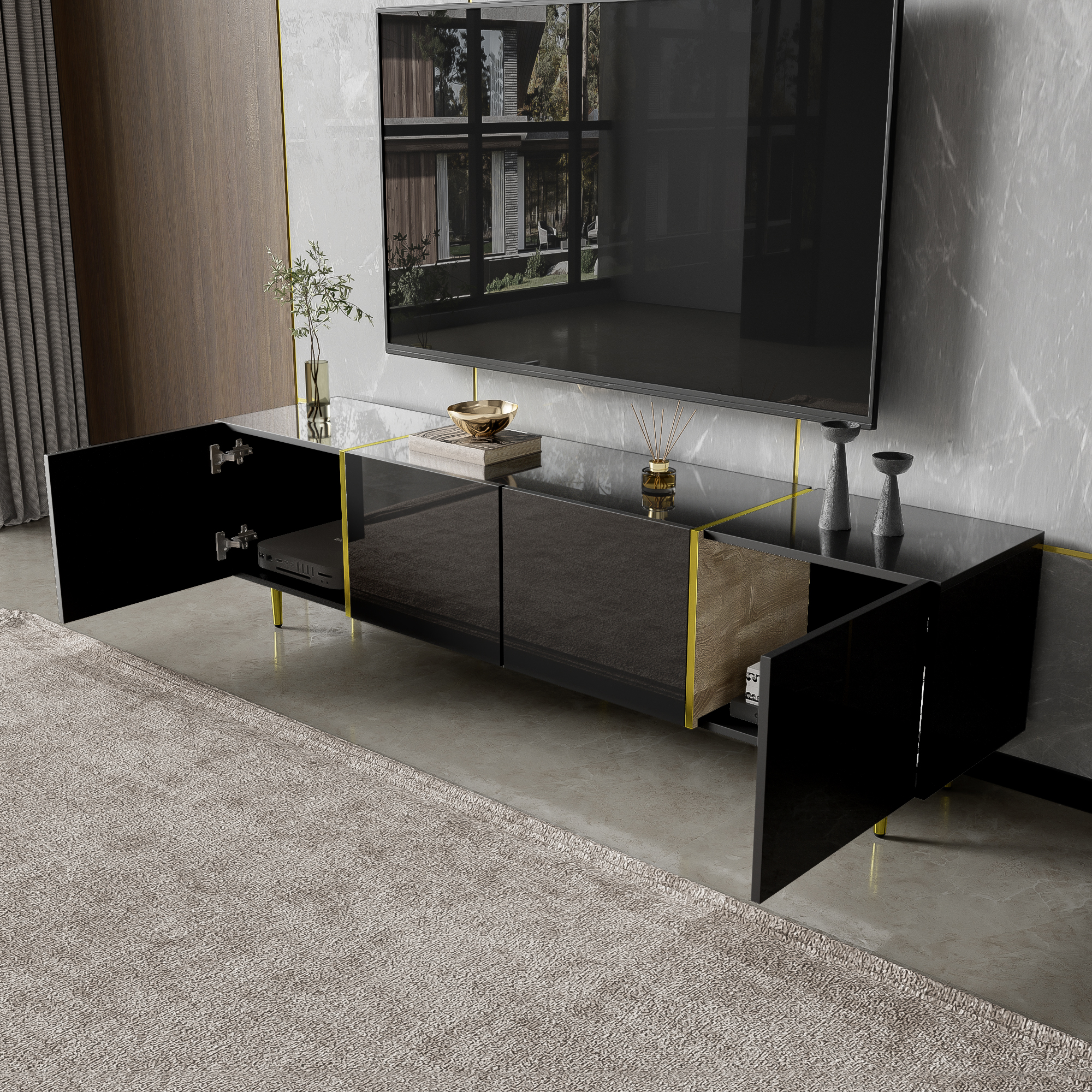 High-gloss TV Cabinet With Four Doors, Modern And Simple, In Black — image 5