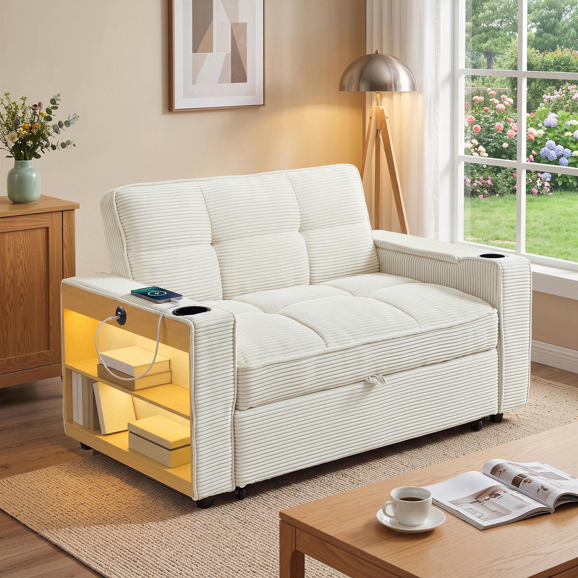 Sofa Bed 2 Seater, Convertible Sleeper With 7-Color LED Lights, Corduroy — image 5